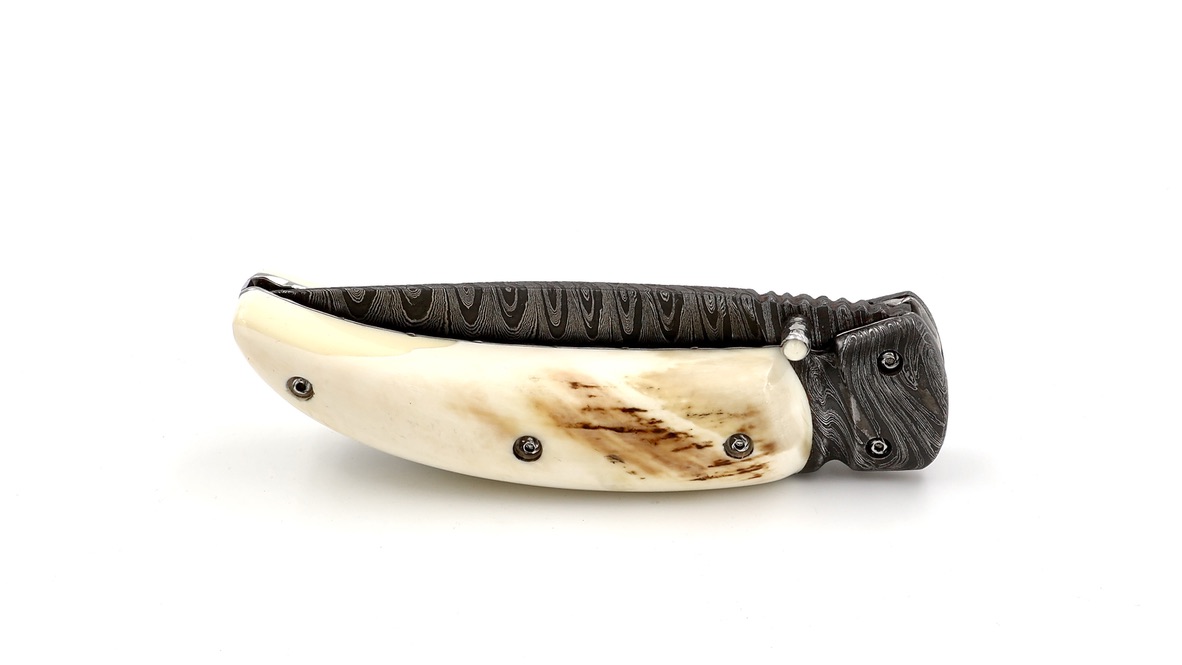 Olivier Moretti Linerlock Taschenmesser Wüstenwarzenschwein-Elfenbein Damastklinge 