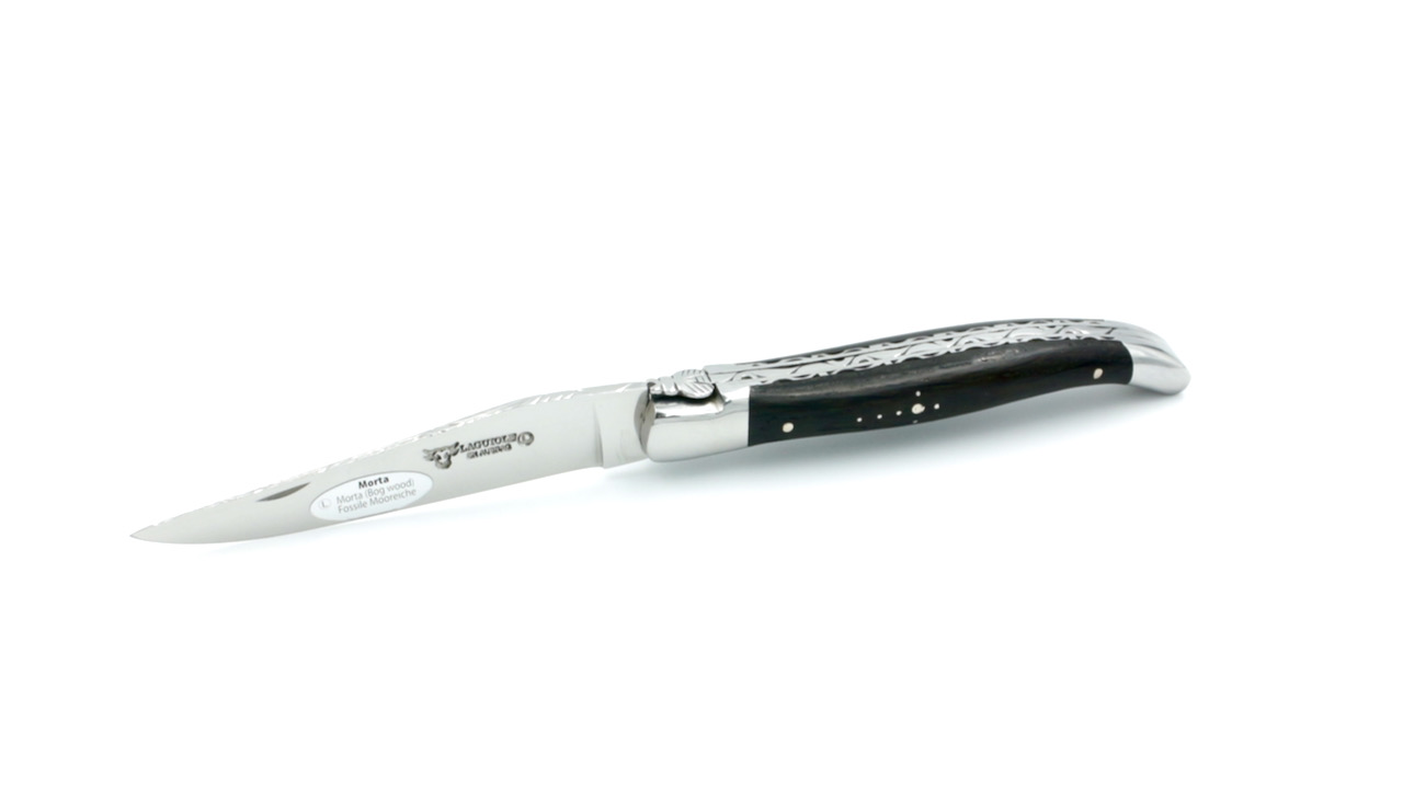 Laguiole en Aubrac Mooreiche poliert guillochierte Klinge Doppelplatine 12 cm