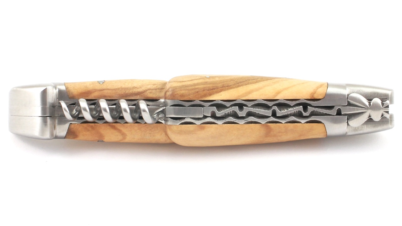 Honoré Durand Laguiole knife Prestige doubleplates with corkscrew olive wood 14C28 12 cm