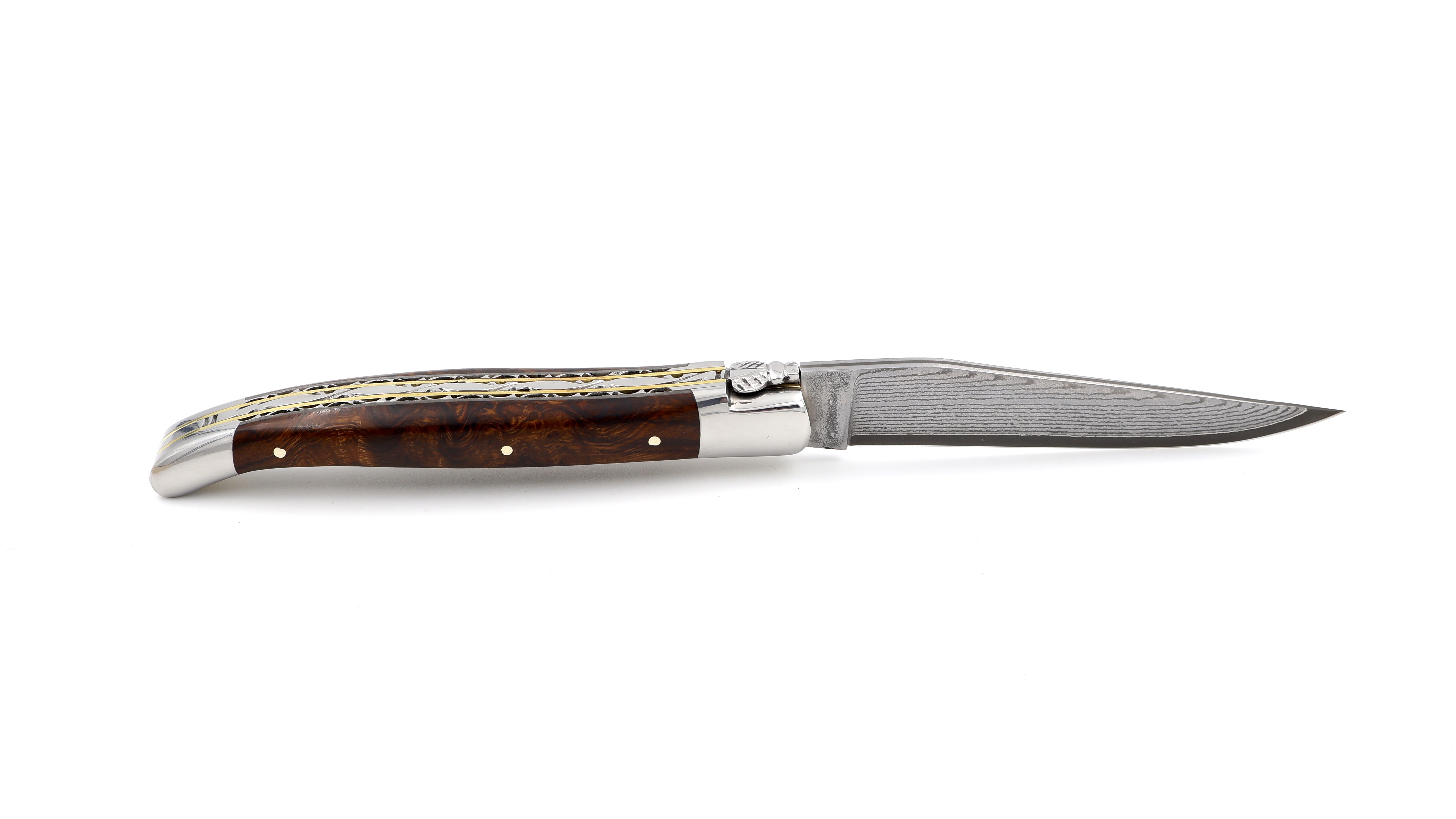 Laguiole en Aubrac double plate knife jap. damascus with brass plates Ironwood shiny 12 cm