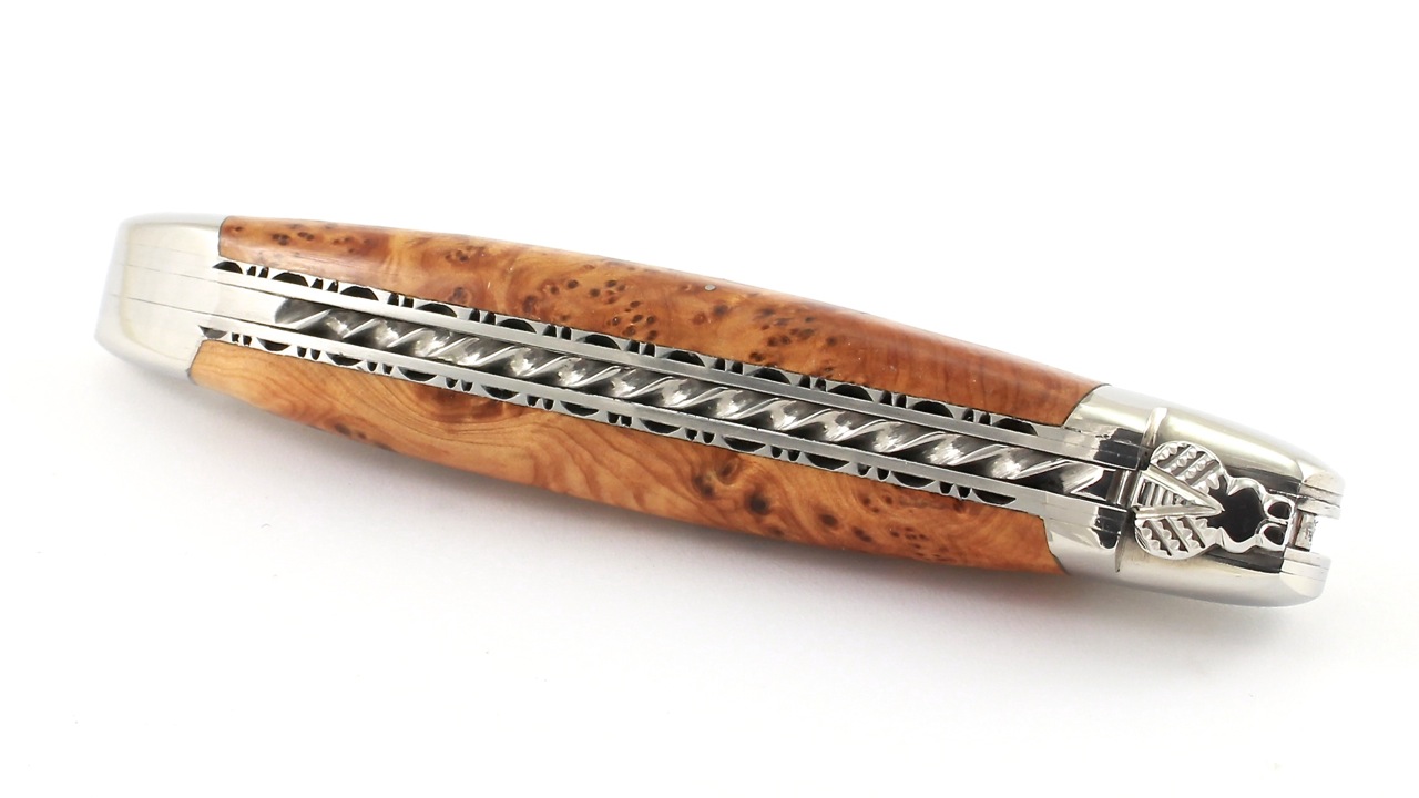 Wacholder-Spiralfeder-poliert-2 Laguiole en Aubrac double plate knife Spiral spring Juniper shiny 12 cm