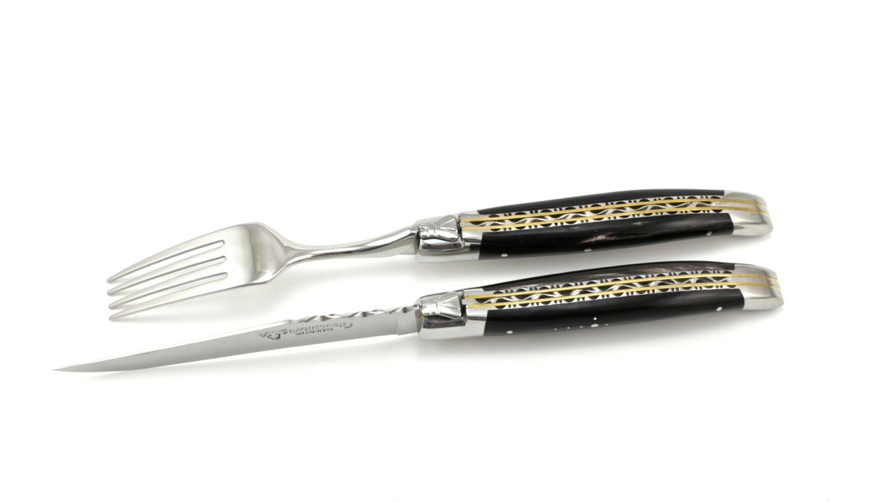 Laguiole en Aubrac 1 double plate steak knife + 1 fork  set buffalo horn