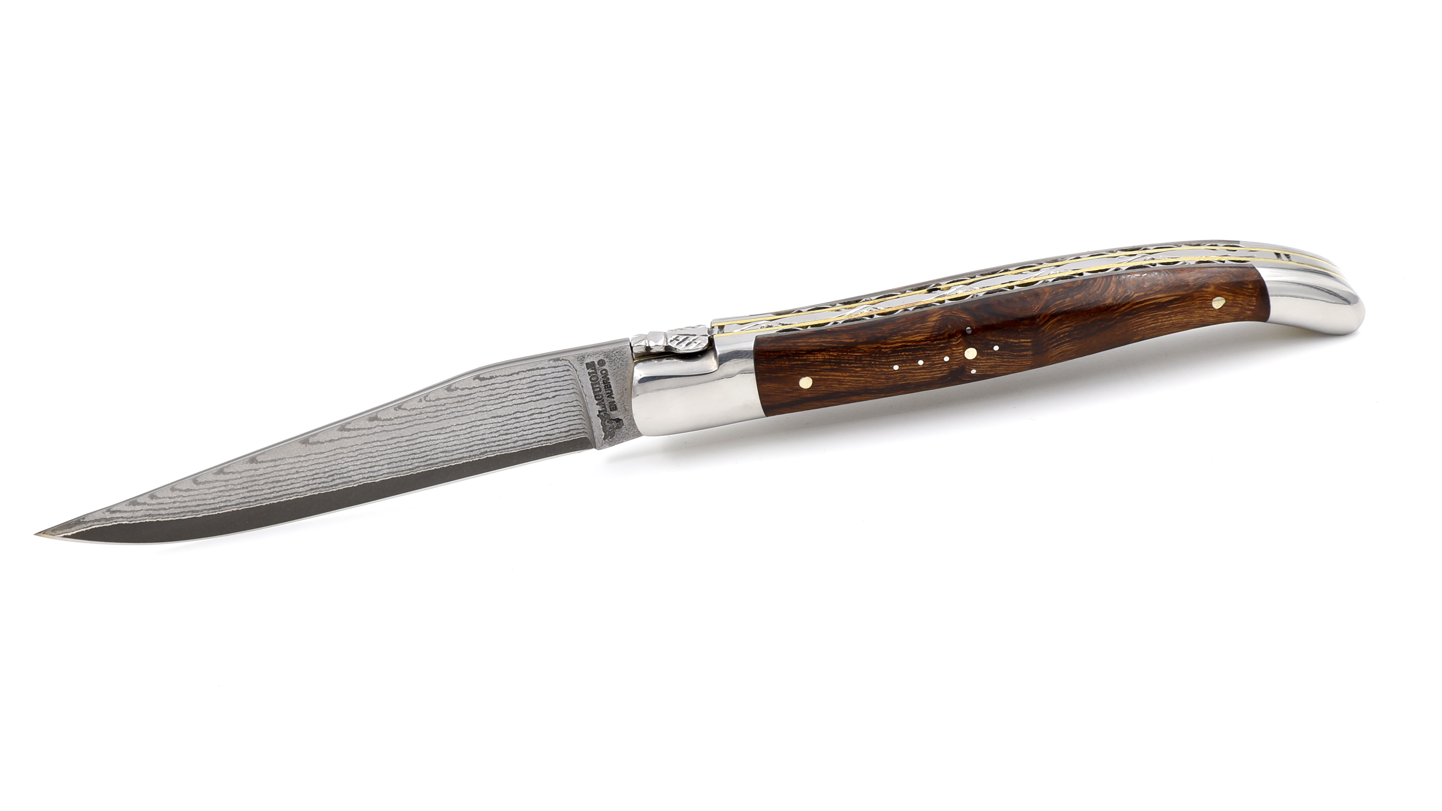 Laguiole en Aubrac double plate knife jap. damascus with brass plates Ironwood shiny 12 cm