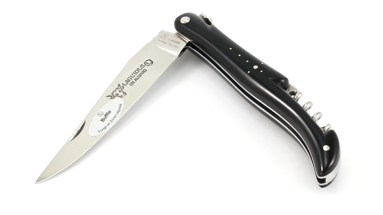 Laguiole en Aubrac buffalo horn full handle with corkscrew 12 cm