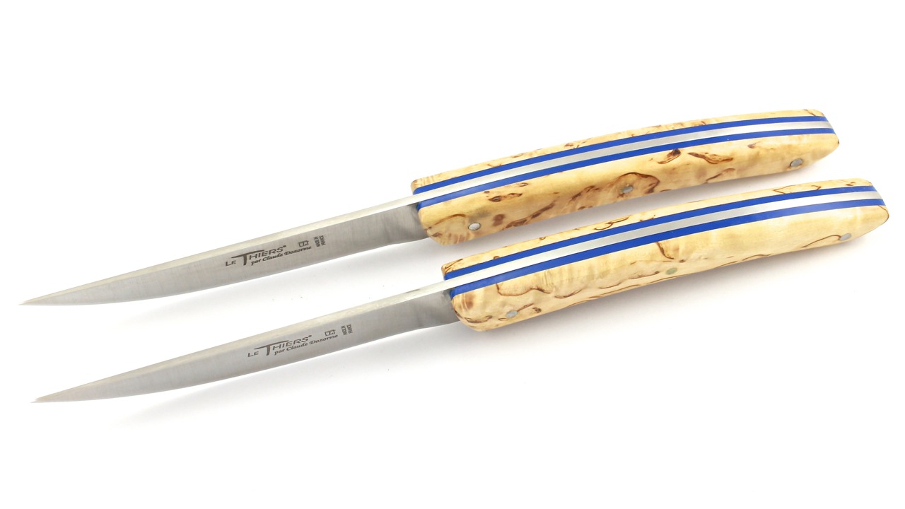 2-er-blau-3 Claude DOZORME Thiers Steakmesser norwegische Maserbirke 4-teilig. oder 6-teilig