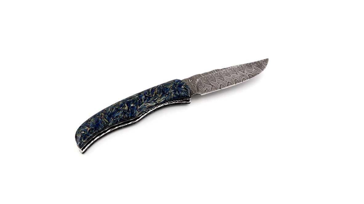 Olivier Moretti  Linerlock Taschenmesser RIZZ blau Damastklinge