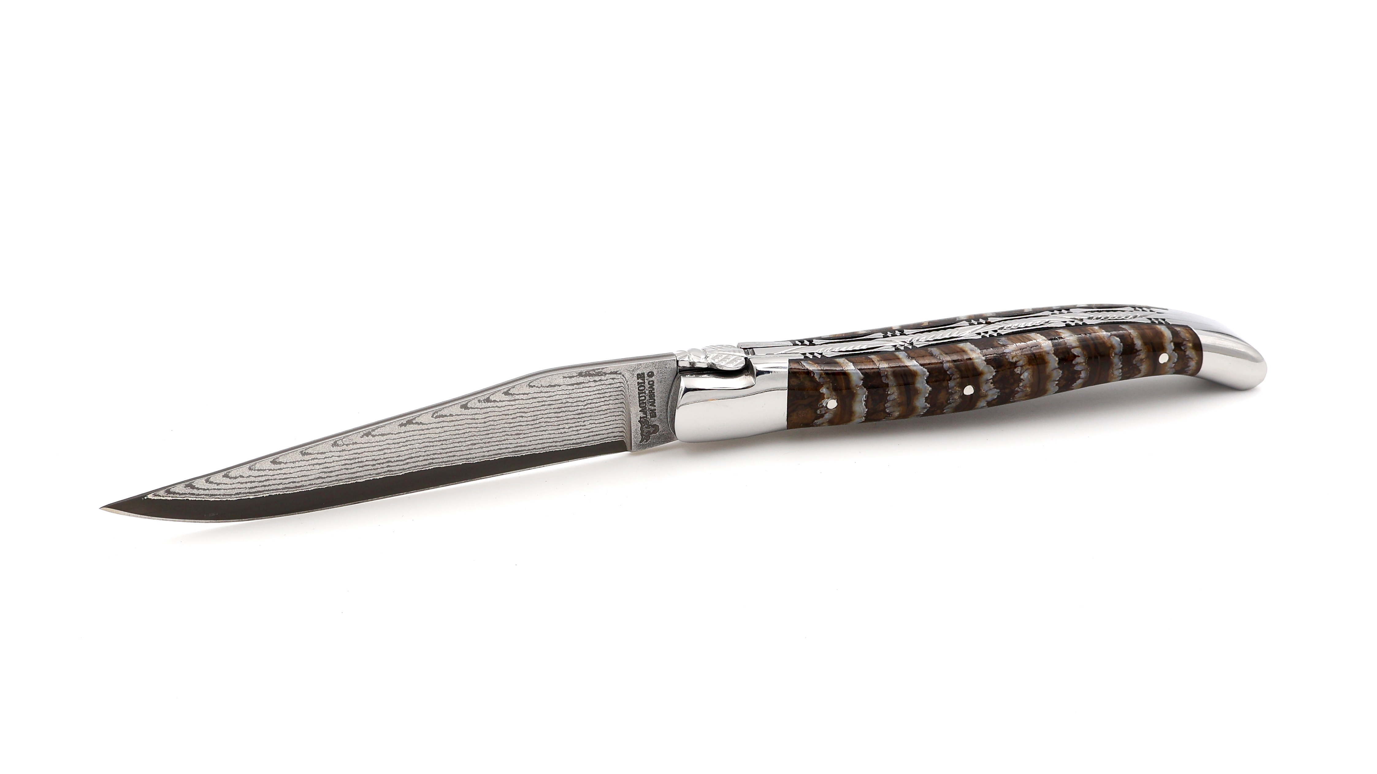 Laguiole en Aubrac double plate knife jap. damascus Mammoth molar brown 12 cm