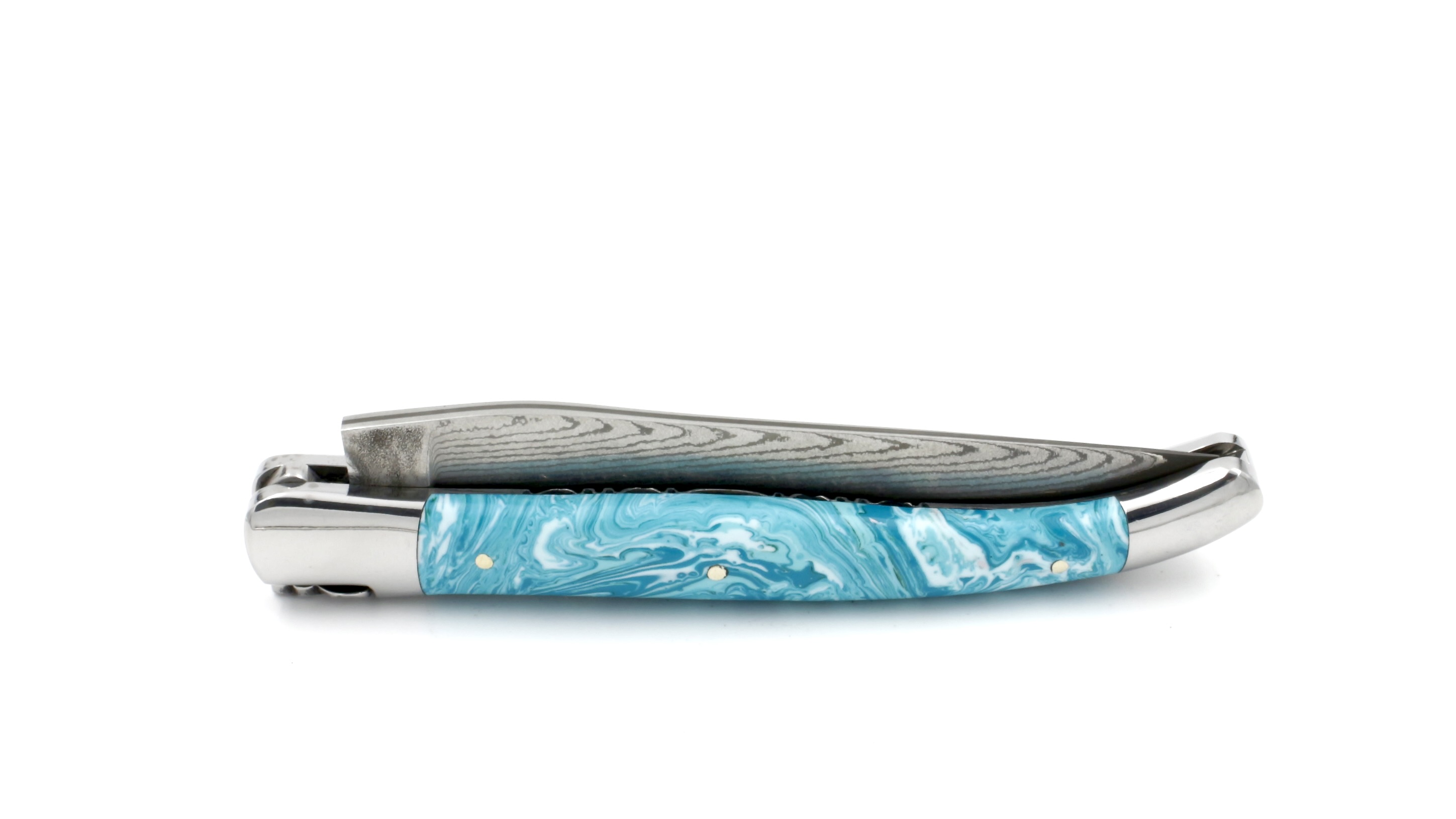 Laguiole en Aubrac knife jap. damascus turquoise stabilized stone with chiseled plates 12 cm