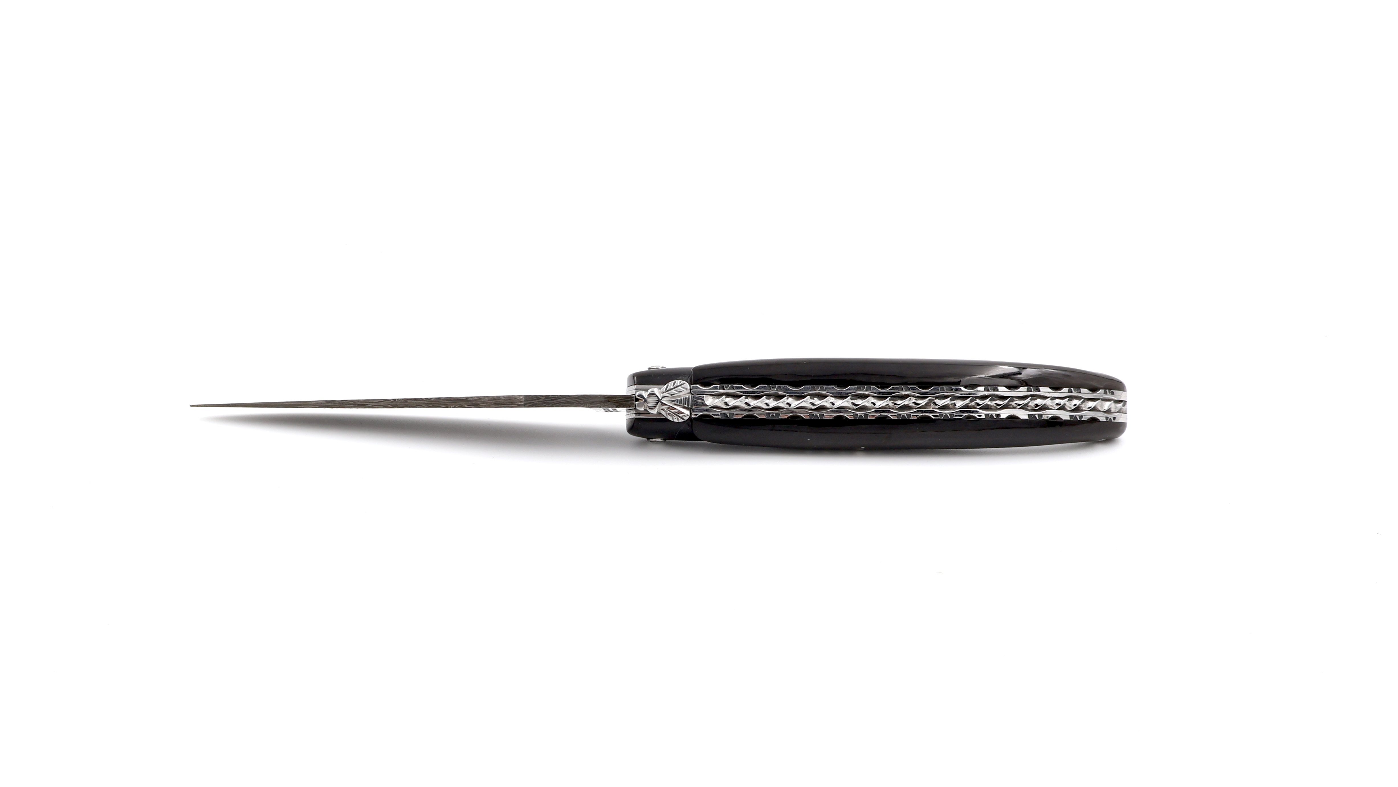 Laguiole en Aubrac Explosionsdamast Spiralfeder Büffelhorn massiv Doppelplatine 12 cm