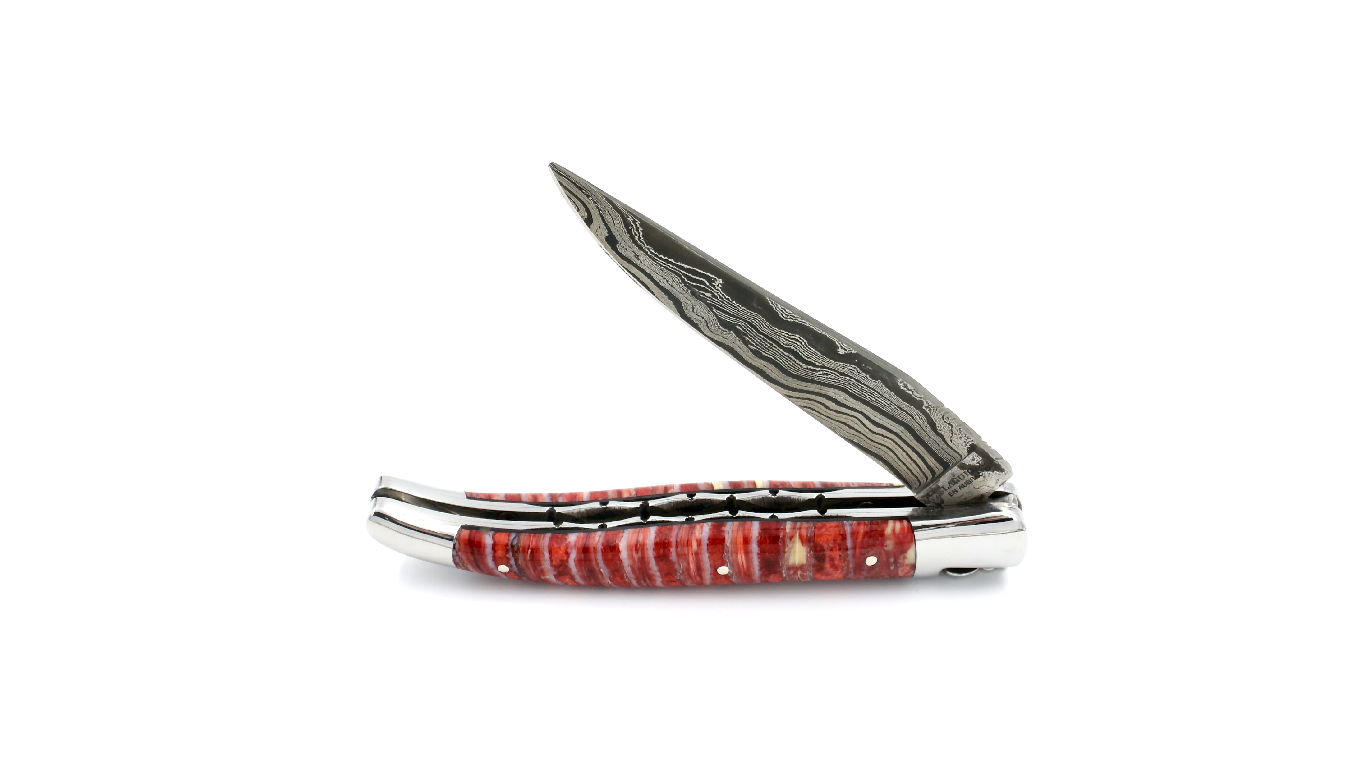 Laguiole en Aubrac double plate knife damascus mammoth tusk red 12 cm