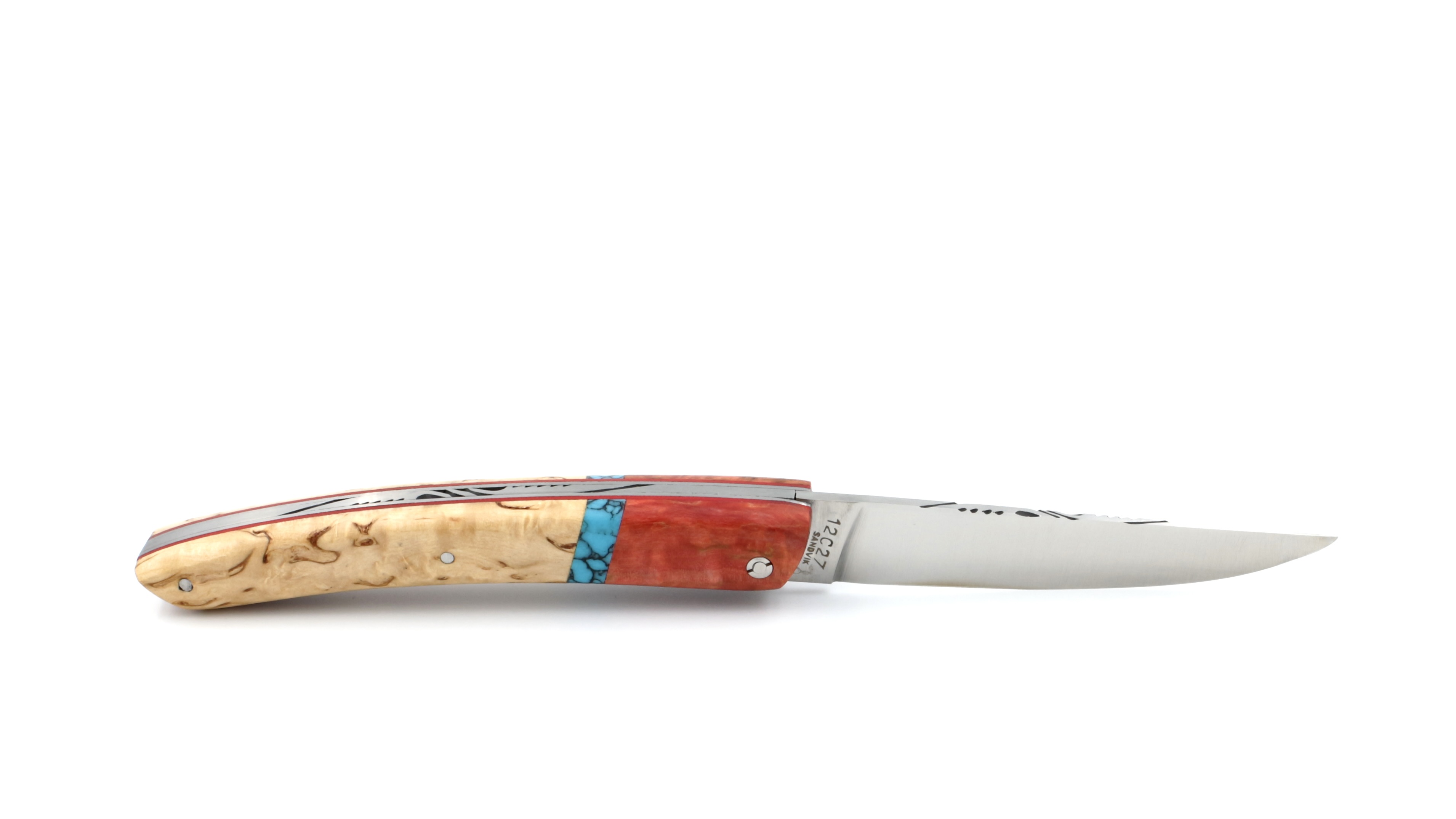 AU SABOT Le Thiers Messer 12 cm finnische Maserbirke Inlay Türkis 