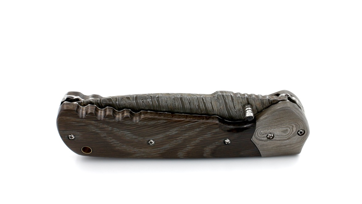 Olivier Moretti  Linerlock Taschenmesser Mooreiche Damastklinge 