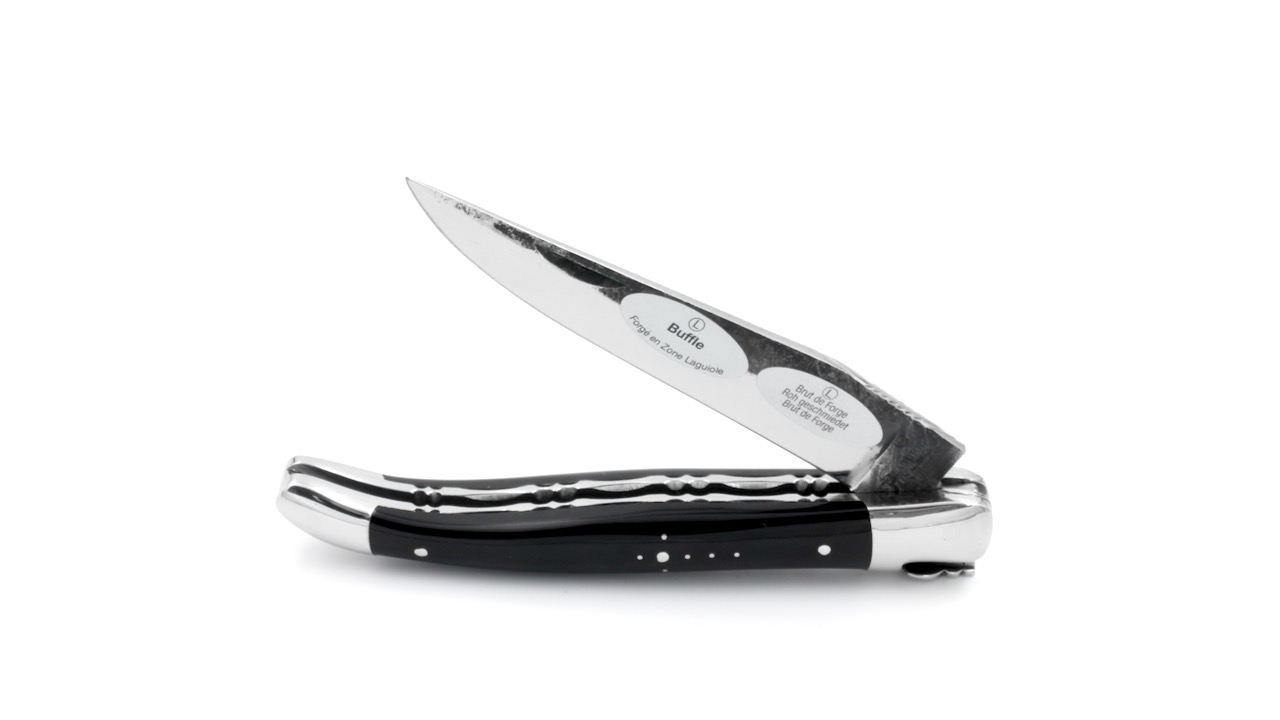 Laguiole en Aubrac double plate knife Brut de Forge buffalo horn 12 cm