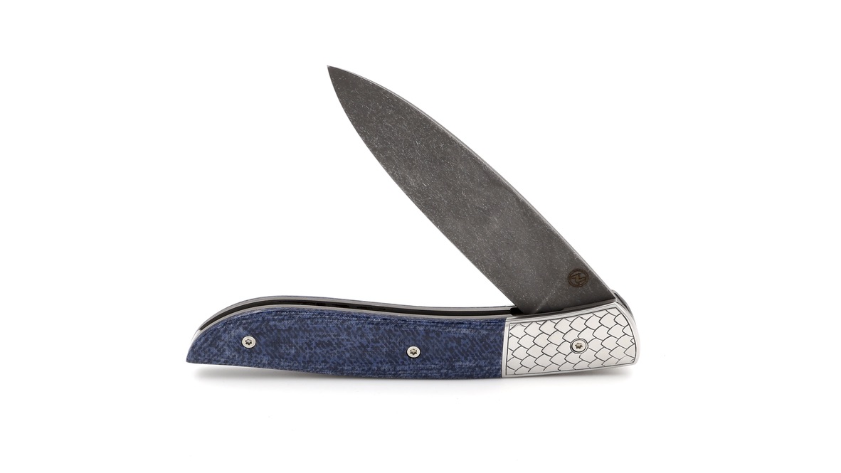 Tim Bernard NÉVÉ Jeans Mikarta guillochierte Edelstahlbacken & stonewashed Klinge  Kopie