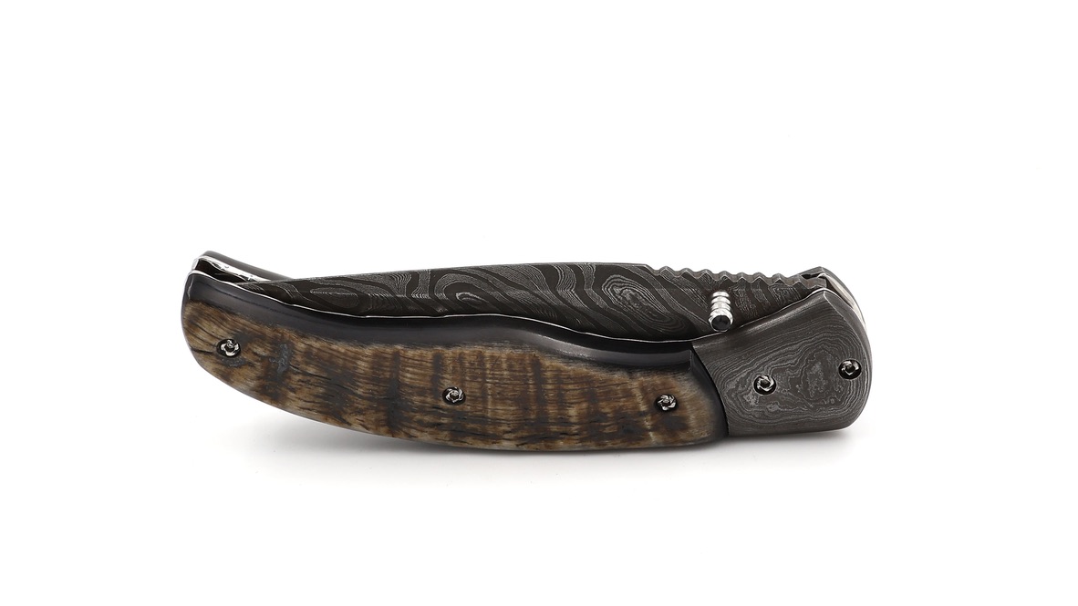 Olivier Moretti  Linerlock Taschenmesser Widderhorn Damastklinge  