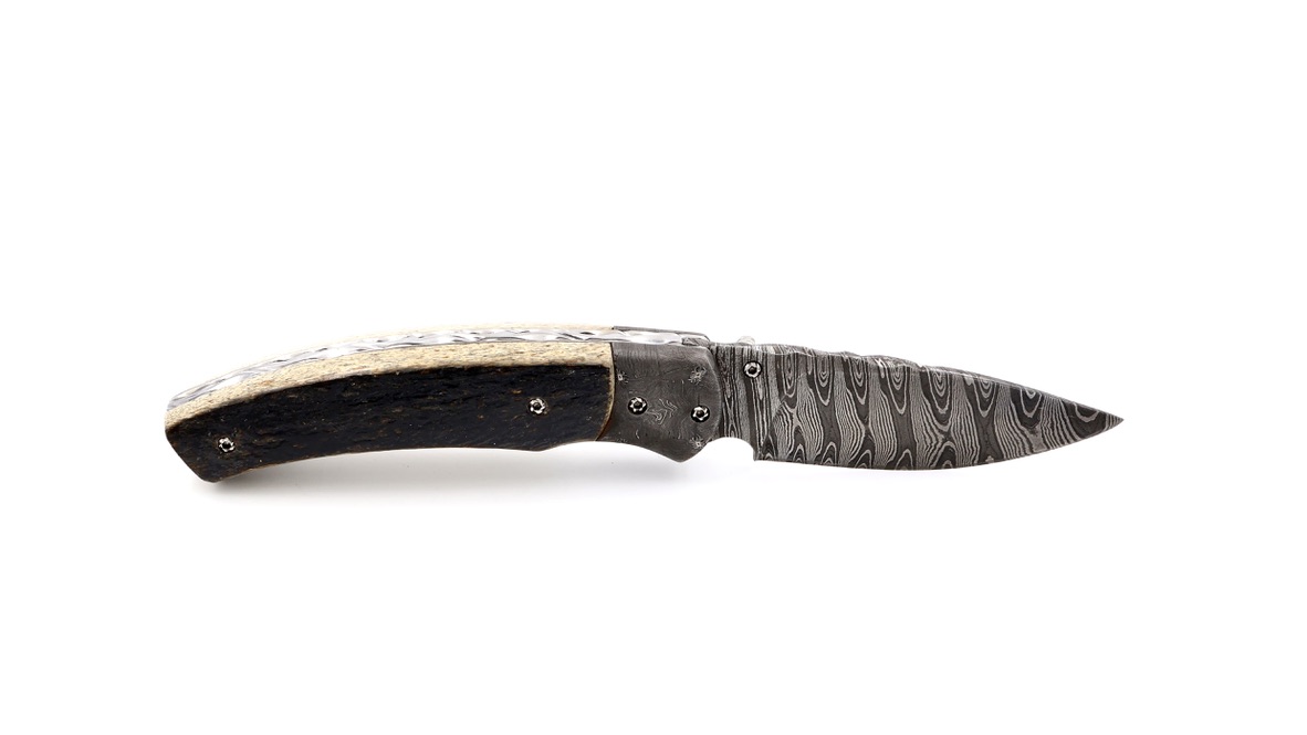 Olivier Moretti Linerlock Taschenmesser Mammutknochen Damastklinge