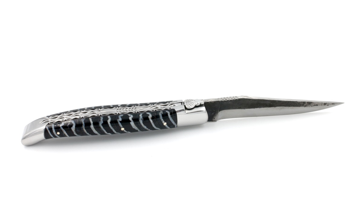 Laguiole en Aubrac double plate knife Brut de Forge Mammoth molar blue 12 cm