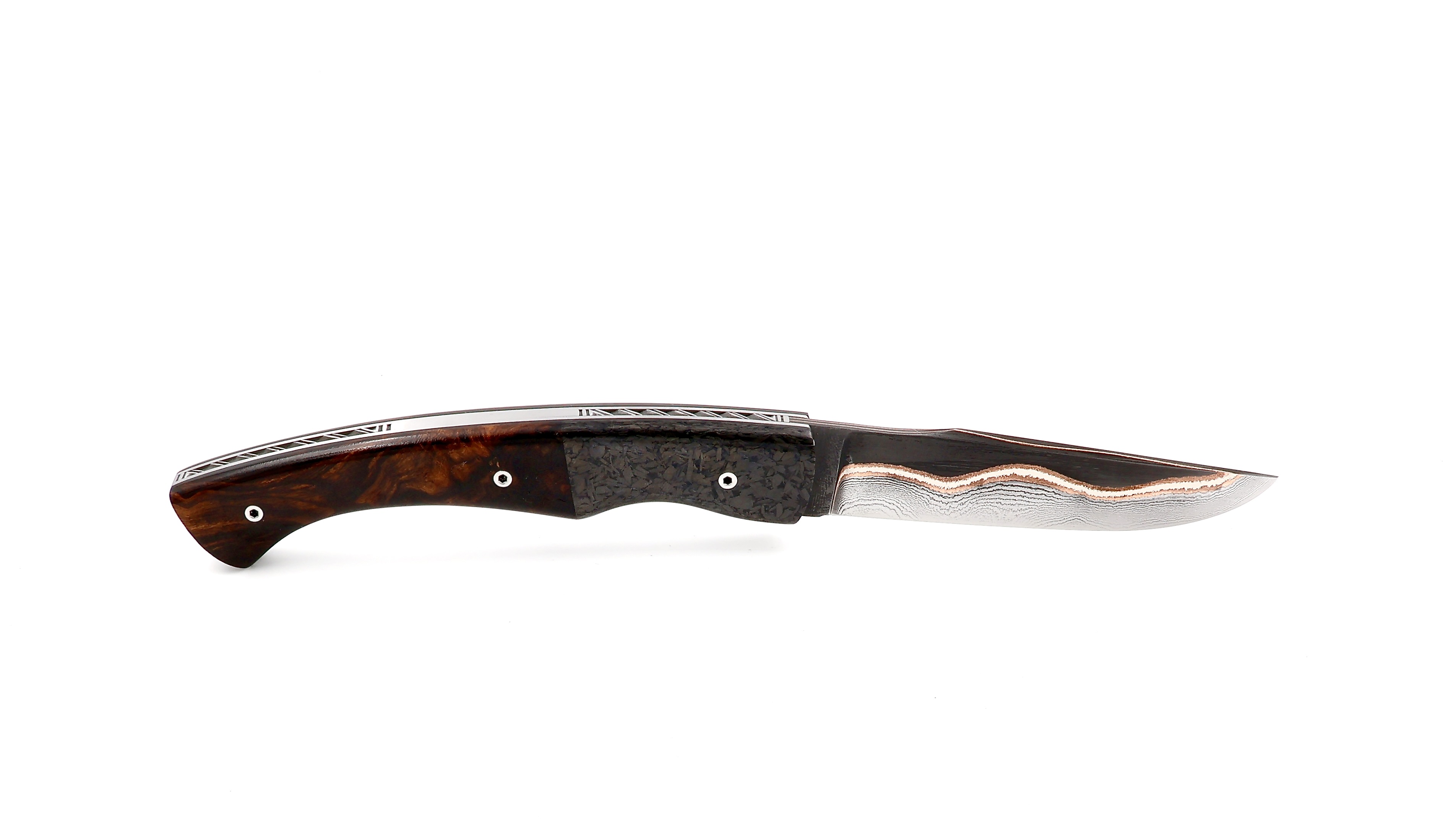 KLEOS folding knife LYKOS burl of iron wood/carbonfiber Volcanic River damascusblade Baker Forge