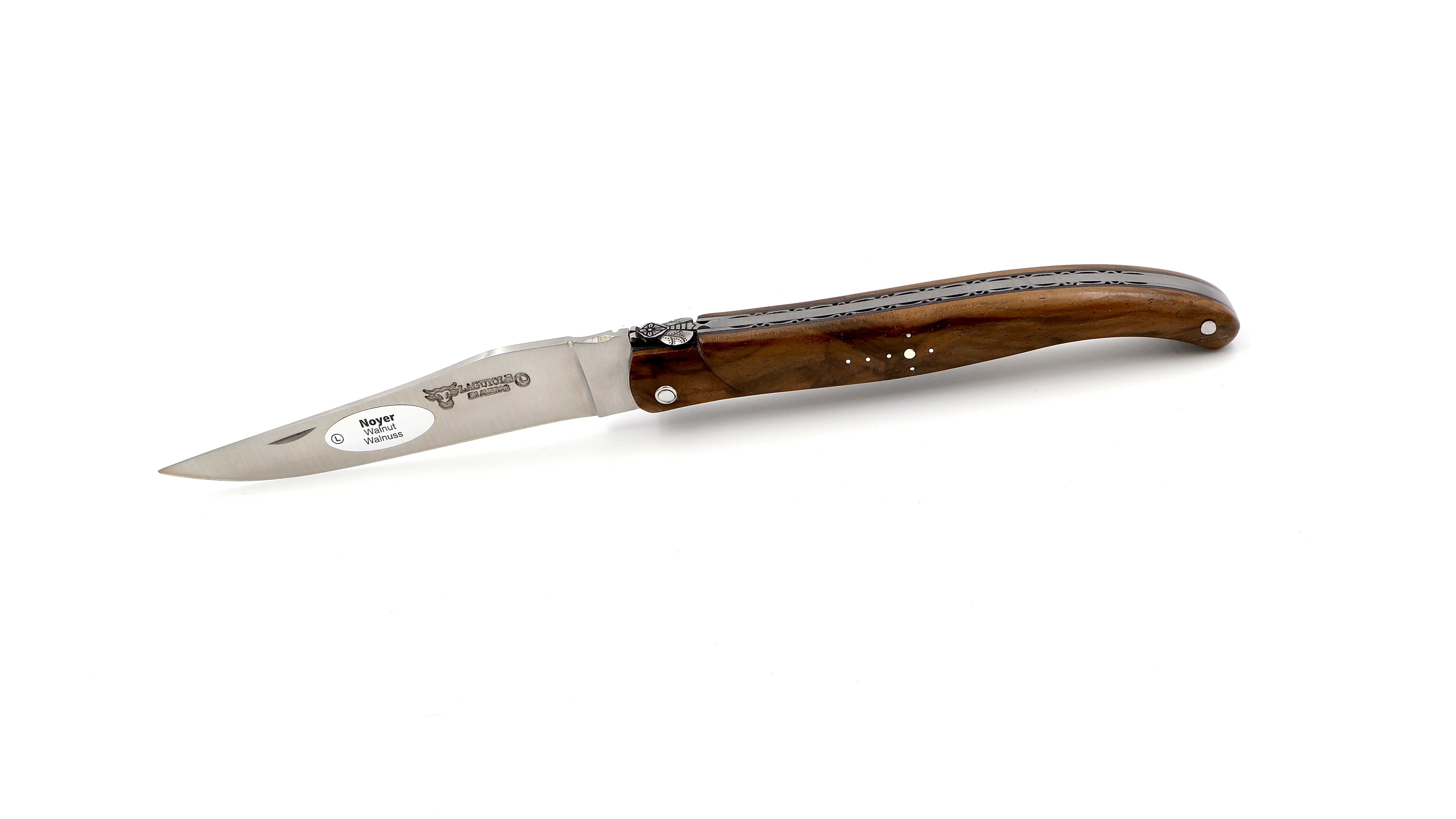 Laguiole en Aubrac walnut burlwood full handle chisled plates 3-D bee 12 cm