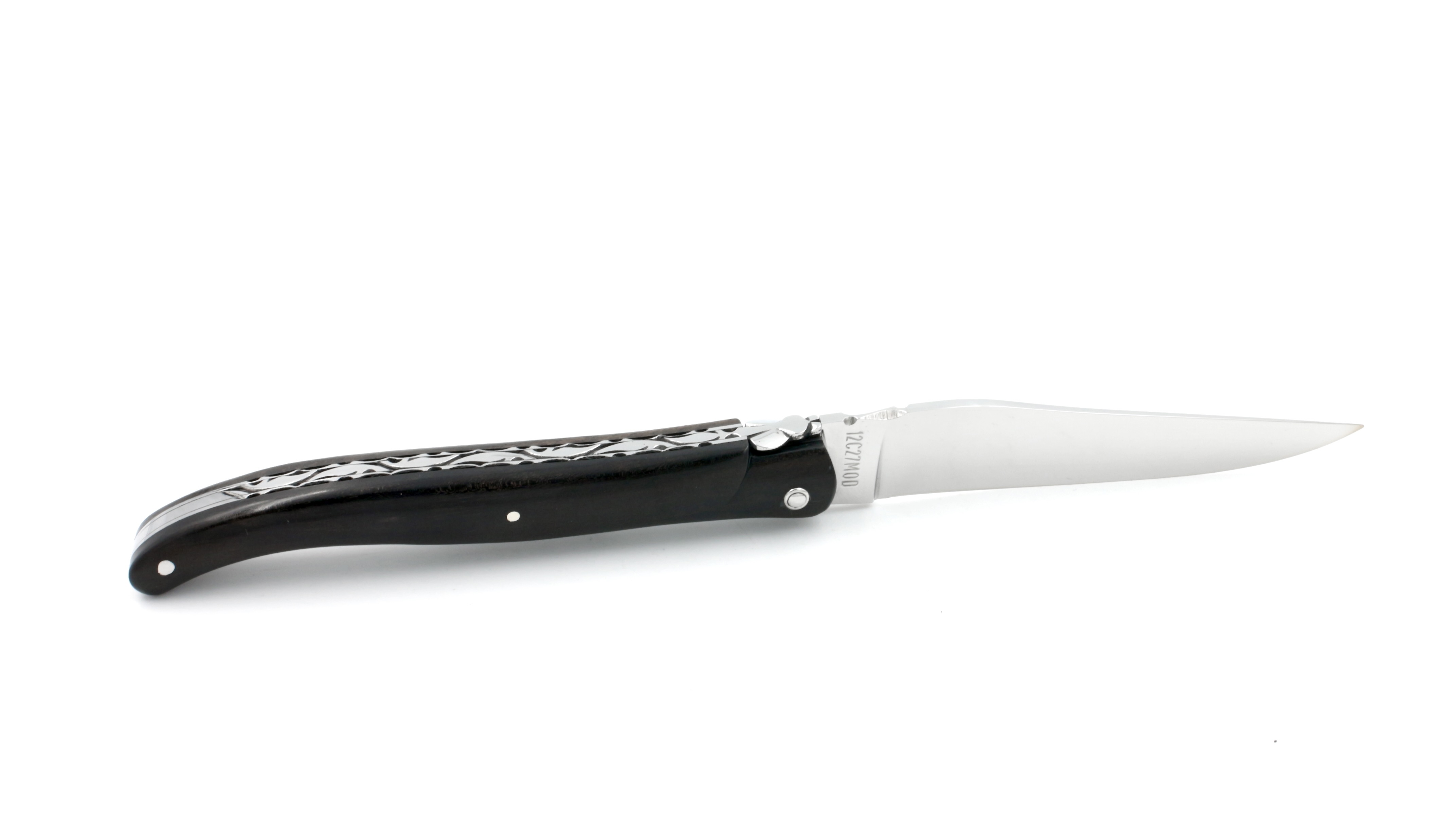 Laguiole en Aubrac ebony full handle chisled plates12 cm