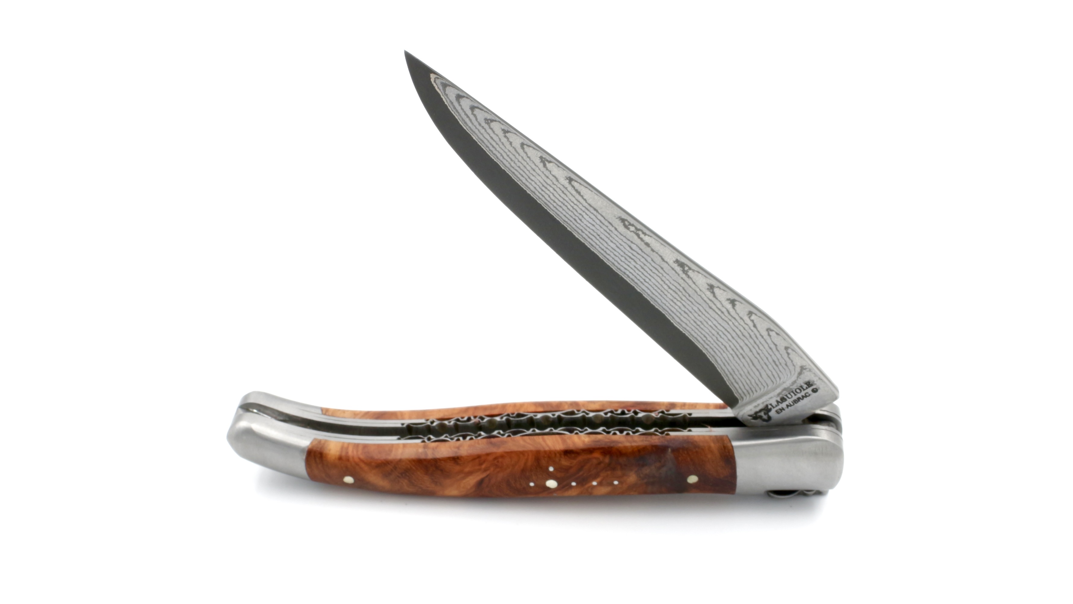 Laguiole en Aubrac jap. Damastklinge Amboina Wurzelholz Doppelplatine 12 cm