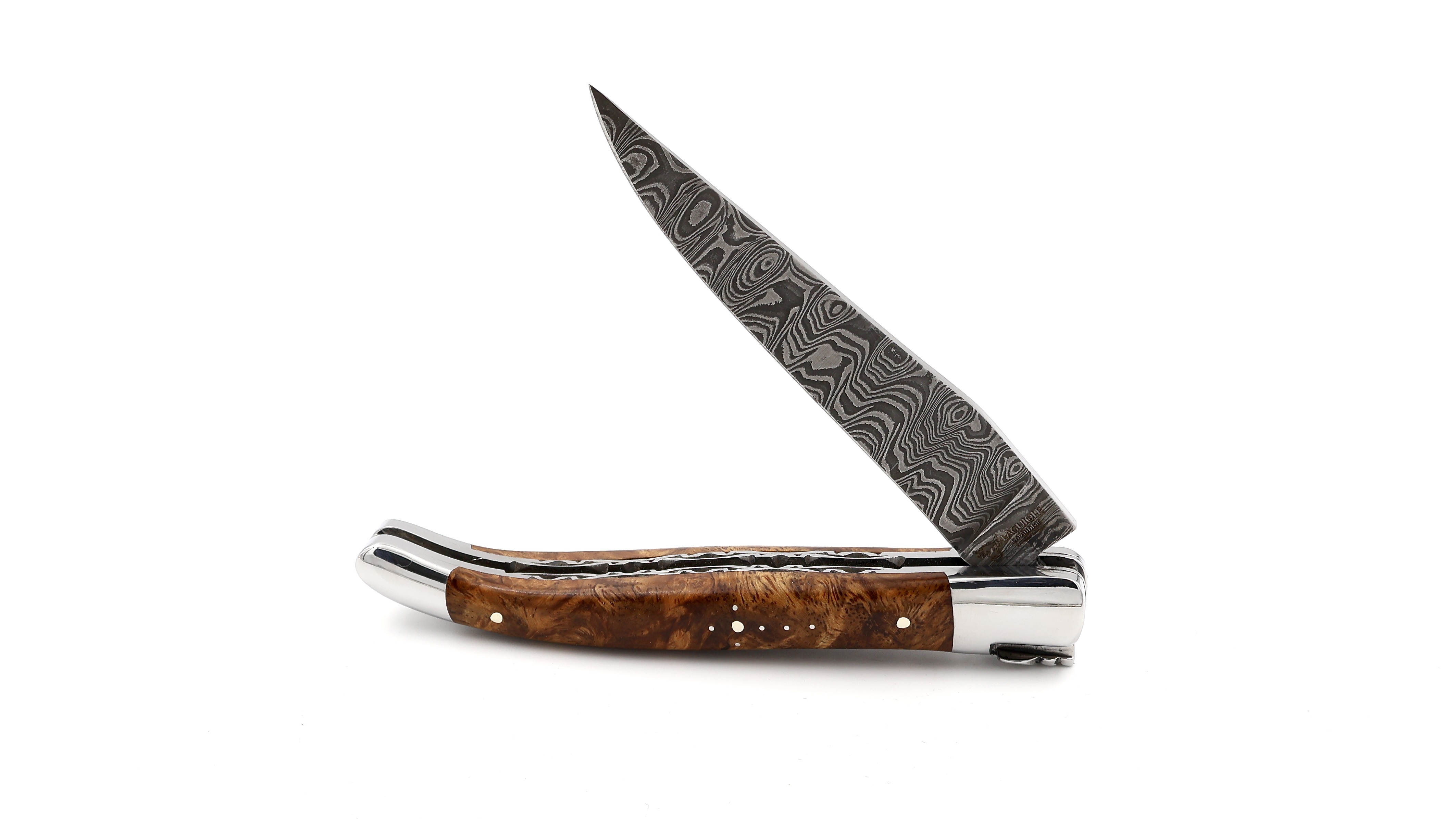 Laguiole en Aubrac Leiterdamast Amboina Wurzelholz poliert Doppelplatine 12 cm
