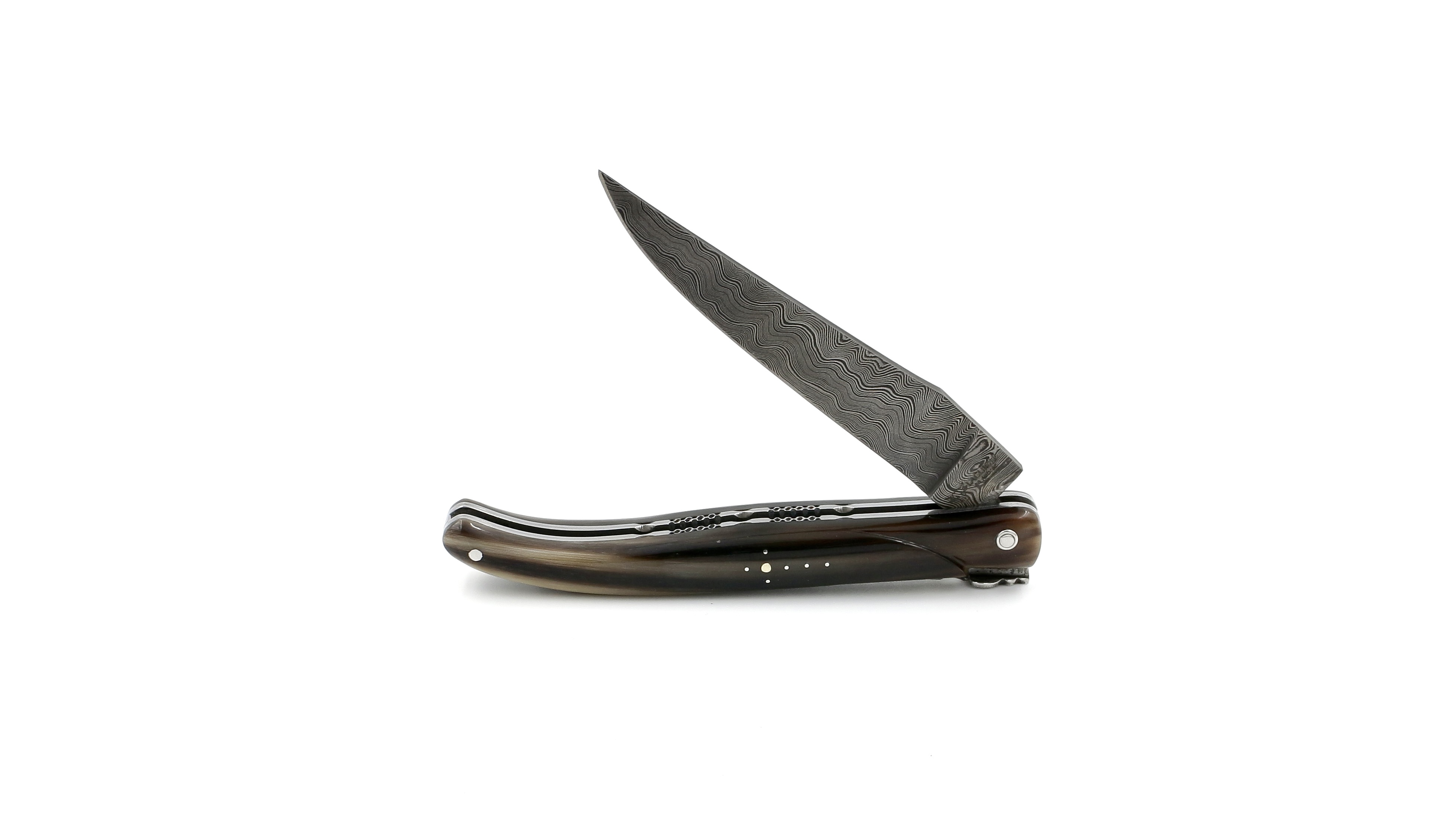 Laguiole en Aubrac double plates knife full handle horntip 12 cm damascus