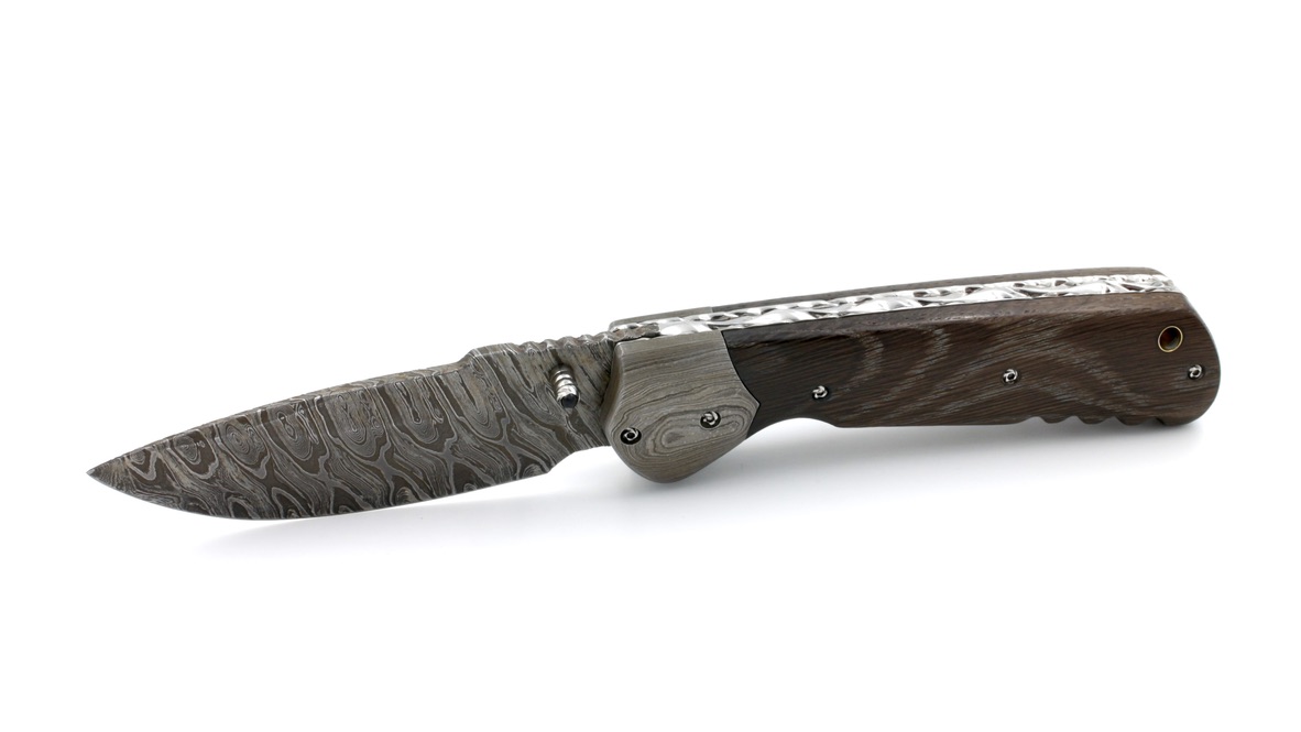 Olivier Moretti  Linerlock Taschenmesser Mooreiche Damastklinge 