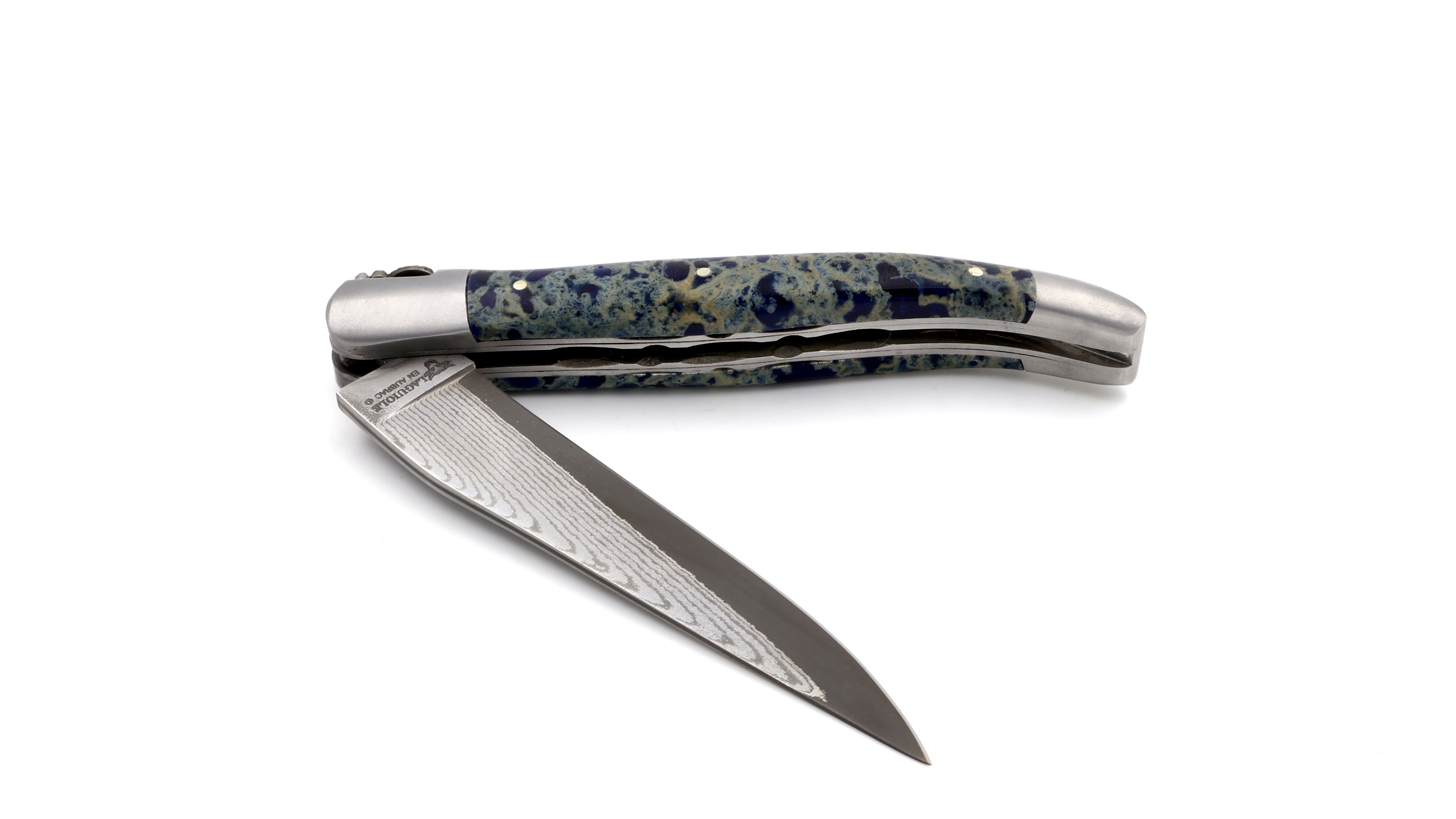 Laguiole en Aubrac jap. Damast  blauer Lavastein Doppelplatine 12 cm 
