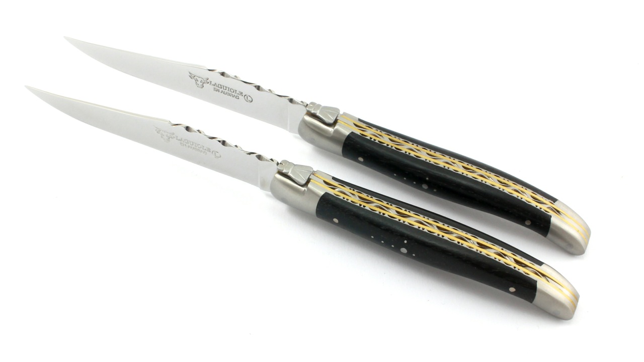 Laguiole en Aubrac  Laguiole Doppelplatinen Steakmesser Ebenholz Set 2-tlg. oder 4-tlg. matt