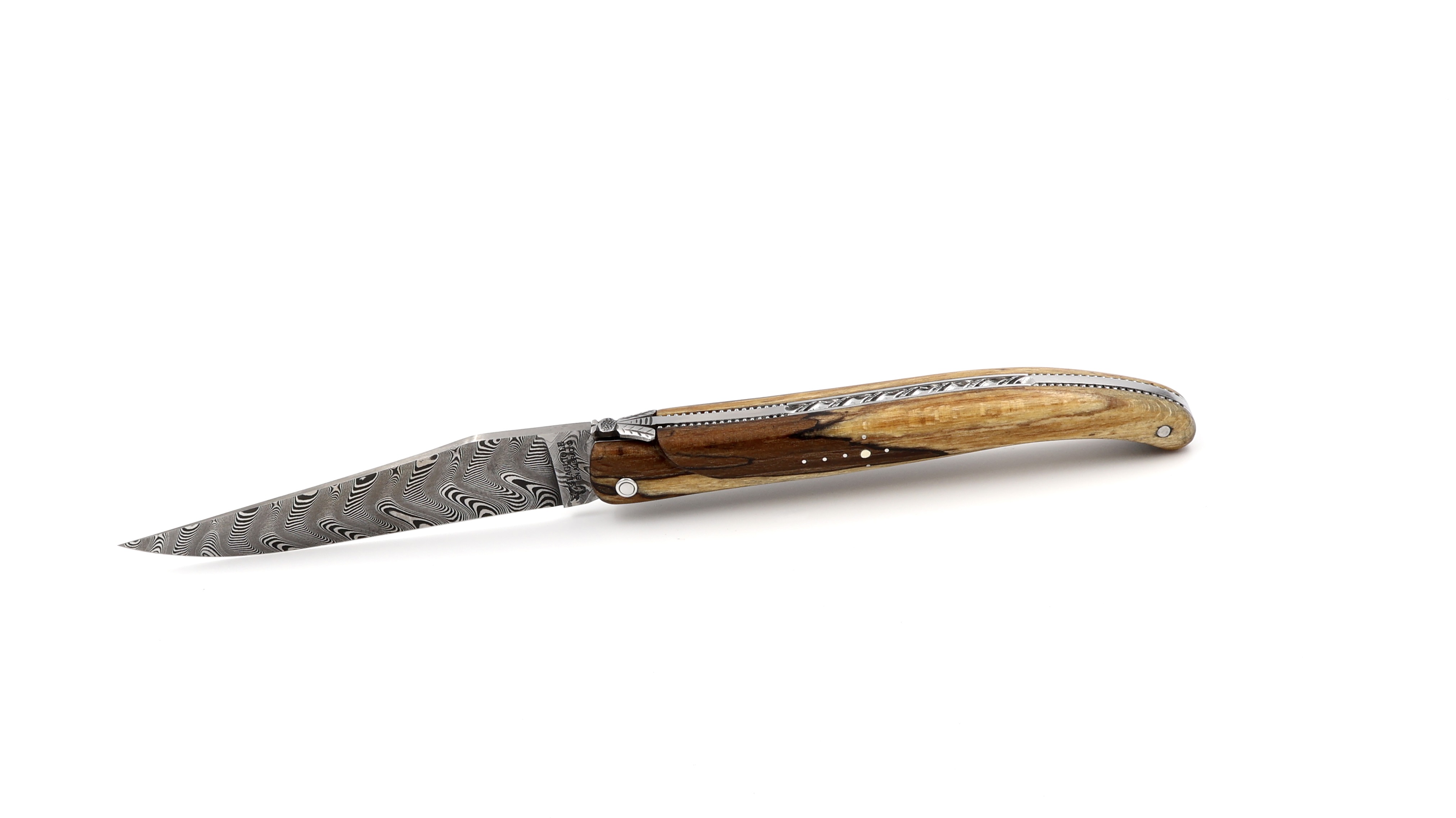 Laguiole en Aubrac Modell Perle DSC® Carbon Damast Aubrac Holz guillochiert massiver Griff 12 cm