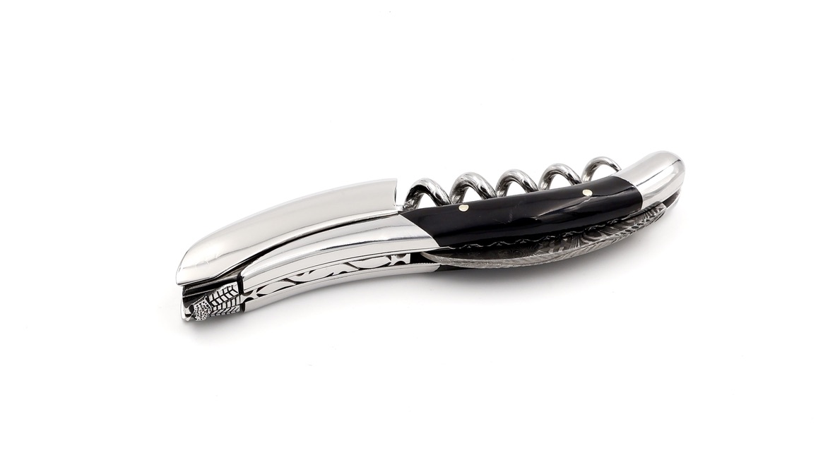 Laguiole en Aubrac Sommeliermesser - Damast-Kapselschneider Büffelhorn guillochiert besondere Biene