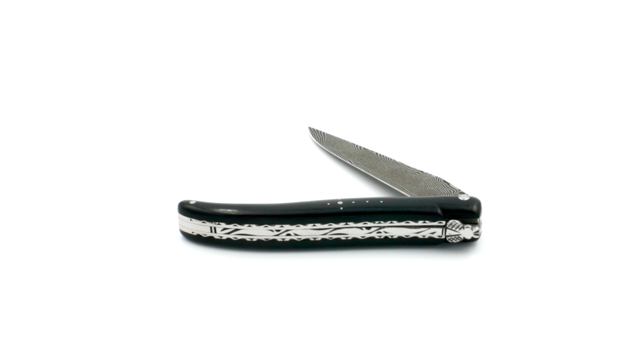 Laguiole en Aubrac damascus ebony full handle with double plates 12 cm shiny