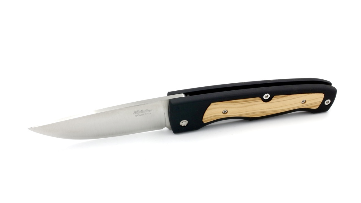 Saladini knife bushcraft pocket knife anidized aluminium and olive wood inlay