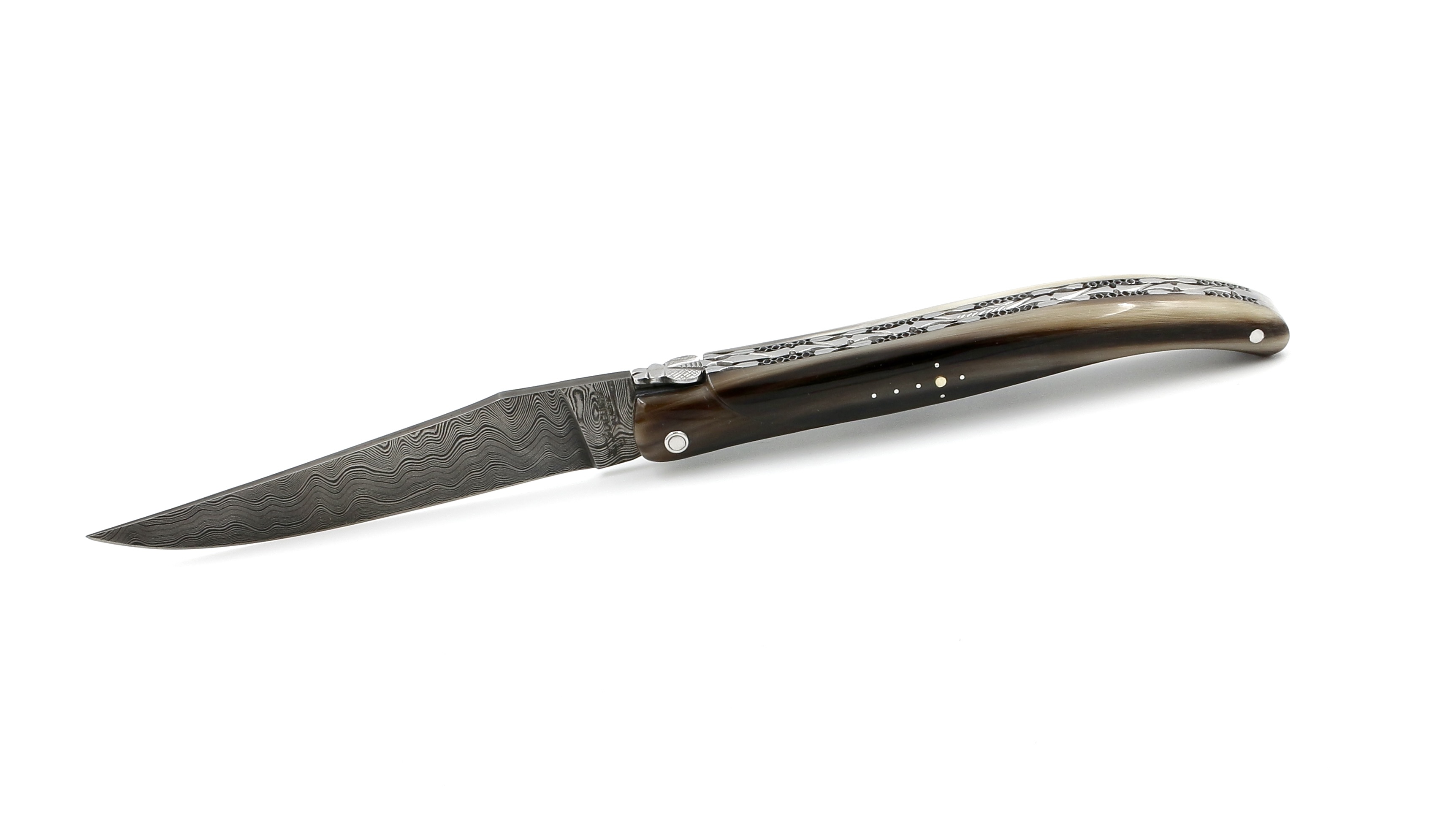 Laguiole en Aubrac double plates knife full handle horntip 12 cm damascus