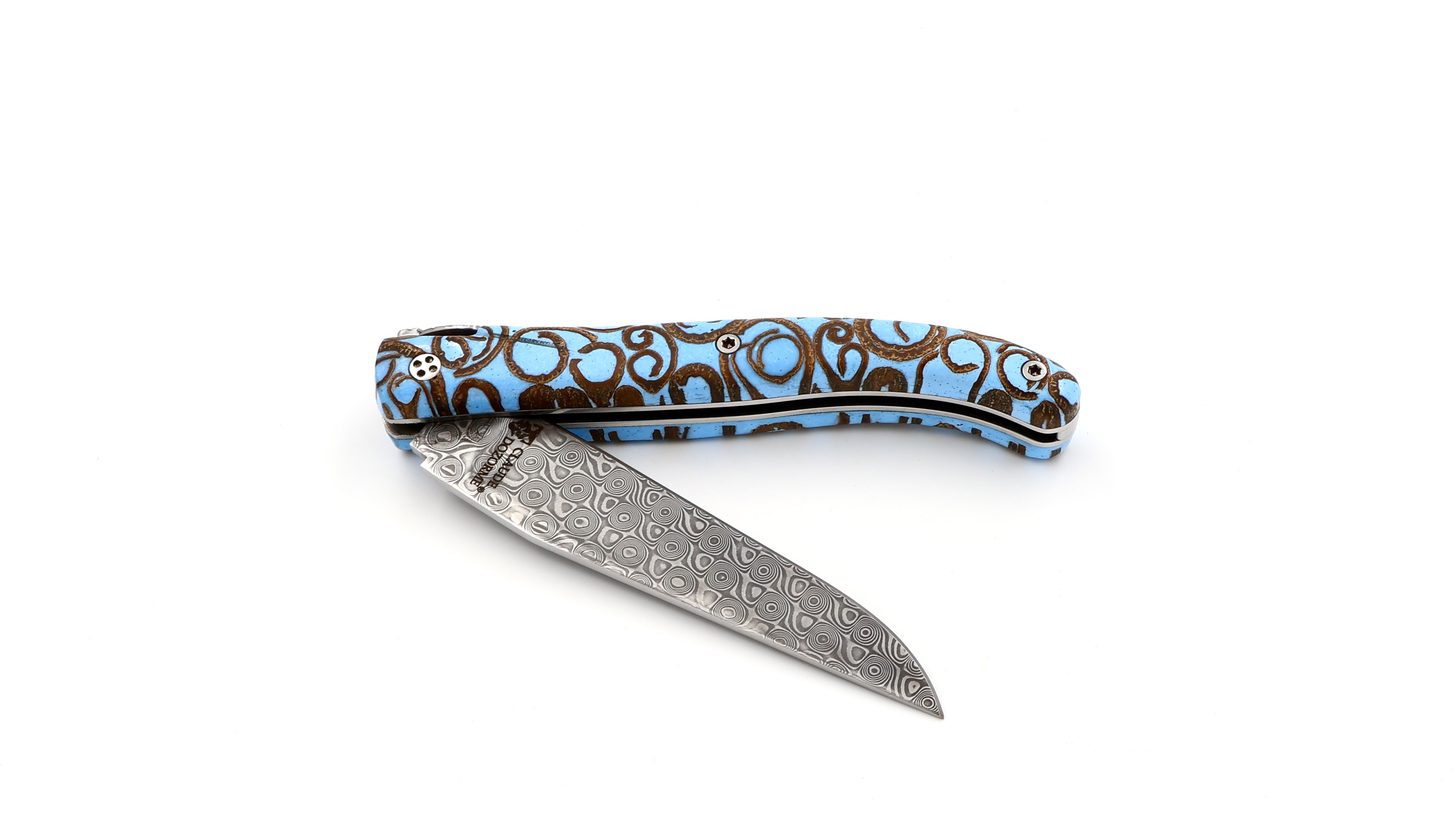 Claude DOZORME Laguiole Messer L'Atelier Canella hellblau 12 cm Damastklinge  