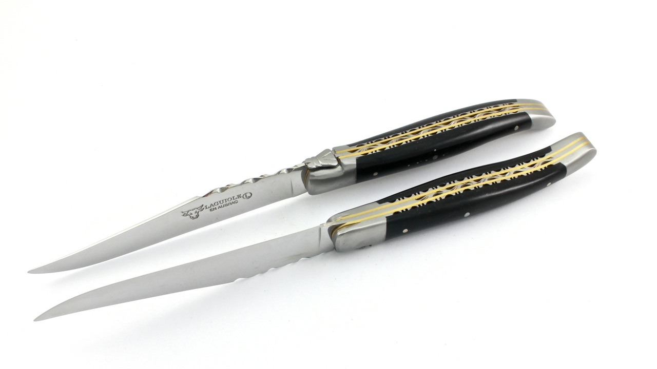 Laguiole en Aubrac  Laguiole Doppelplatinen Steakmesser Ebenholz Set 2-tlg. oder 4-tlg. matt