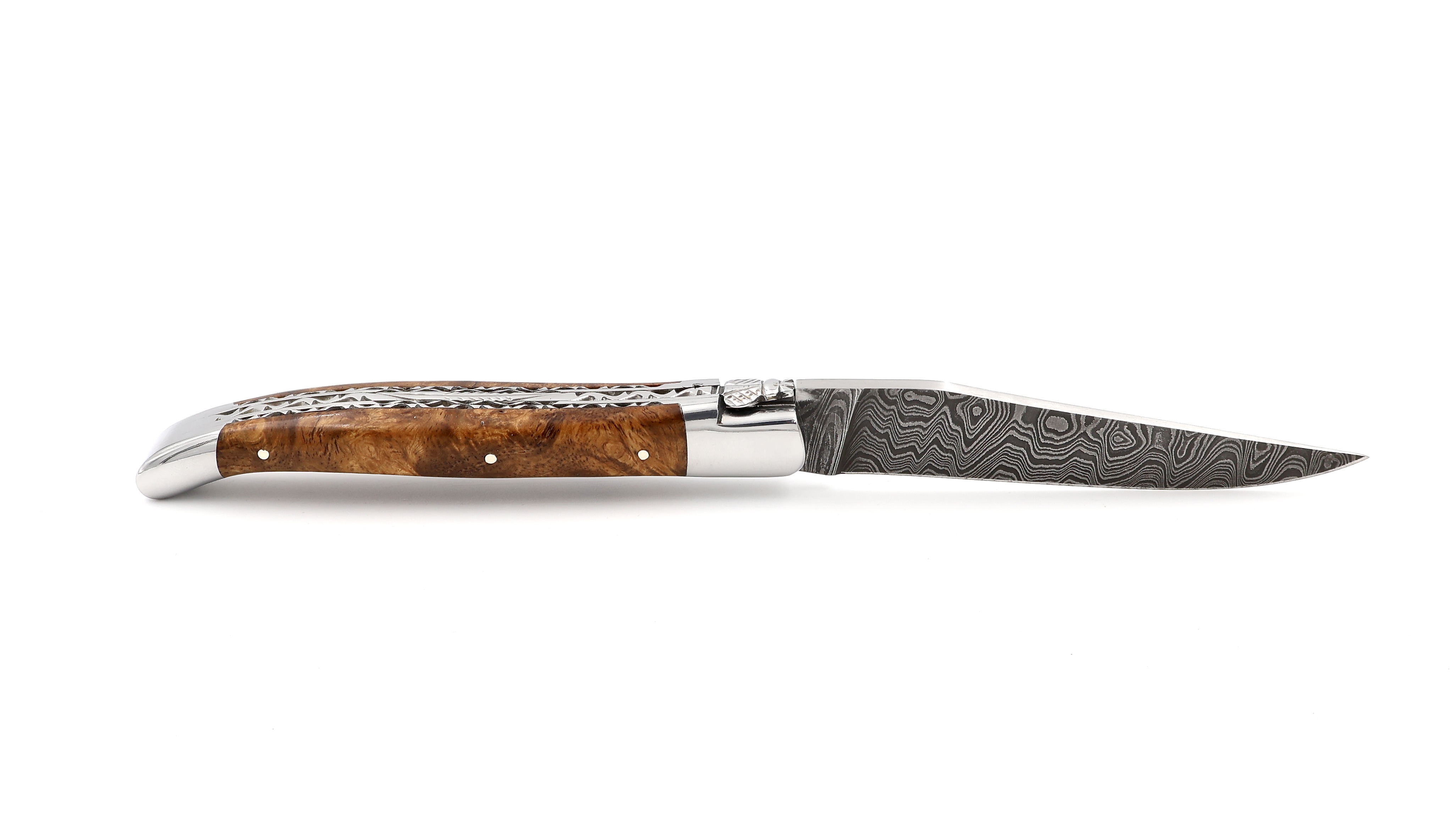 Laguiole en Aubrac Leiterdamast Amboina Wurzelholz poliert Doppelplatine 12 cm