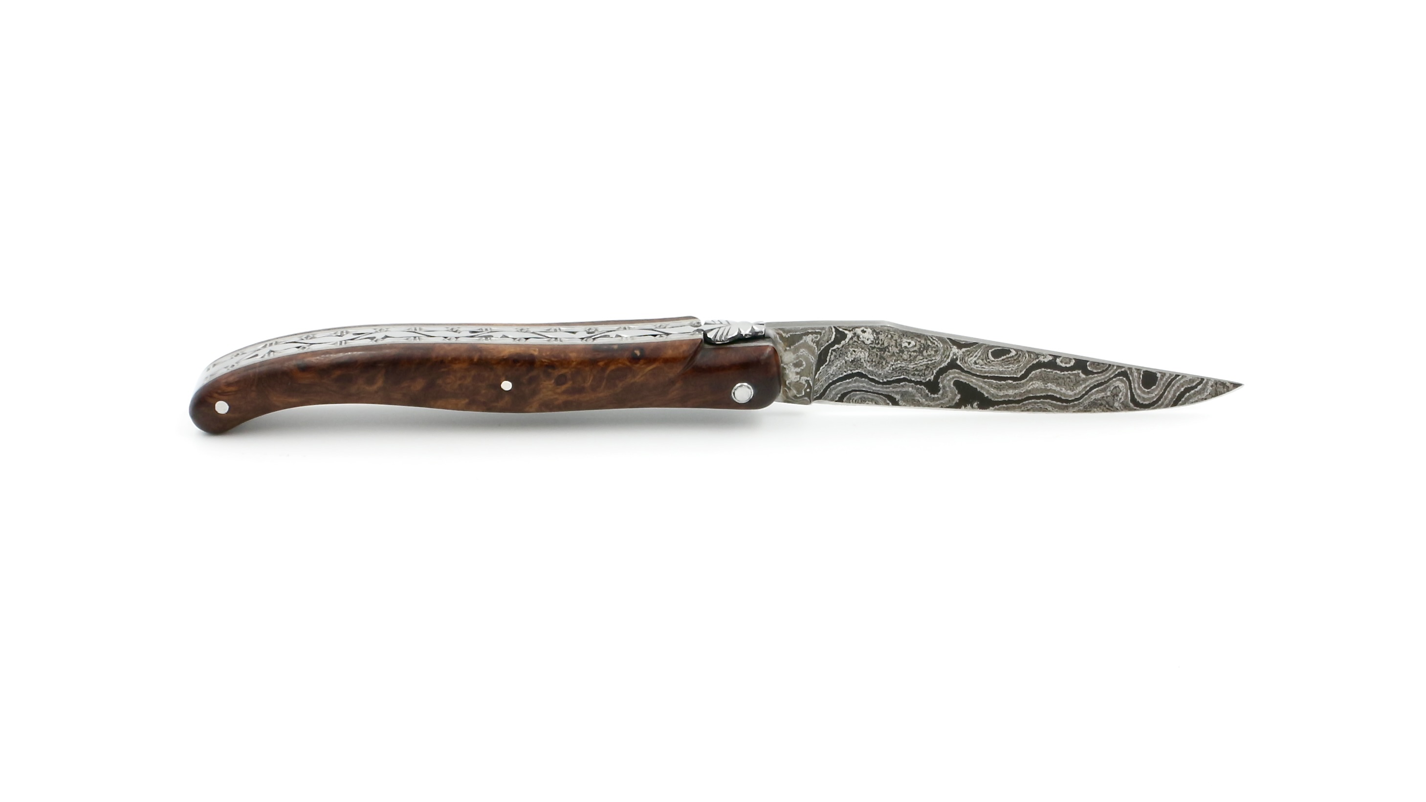 Laguiole en Aubrac Damast Wüsteneisenholz Wurzel massiv Doppelplatine 12 cm