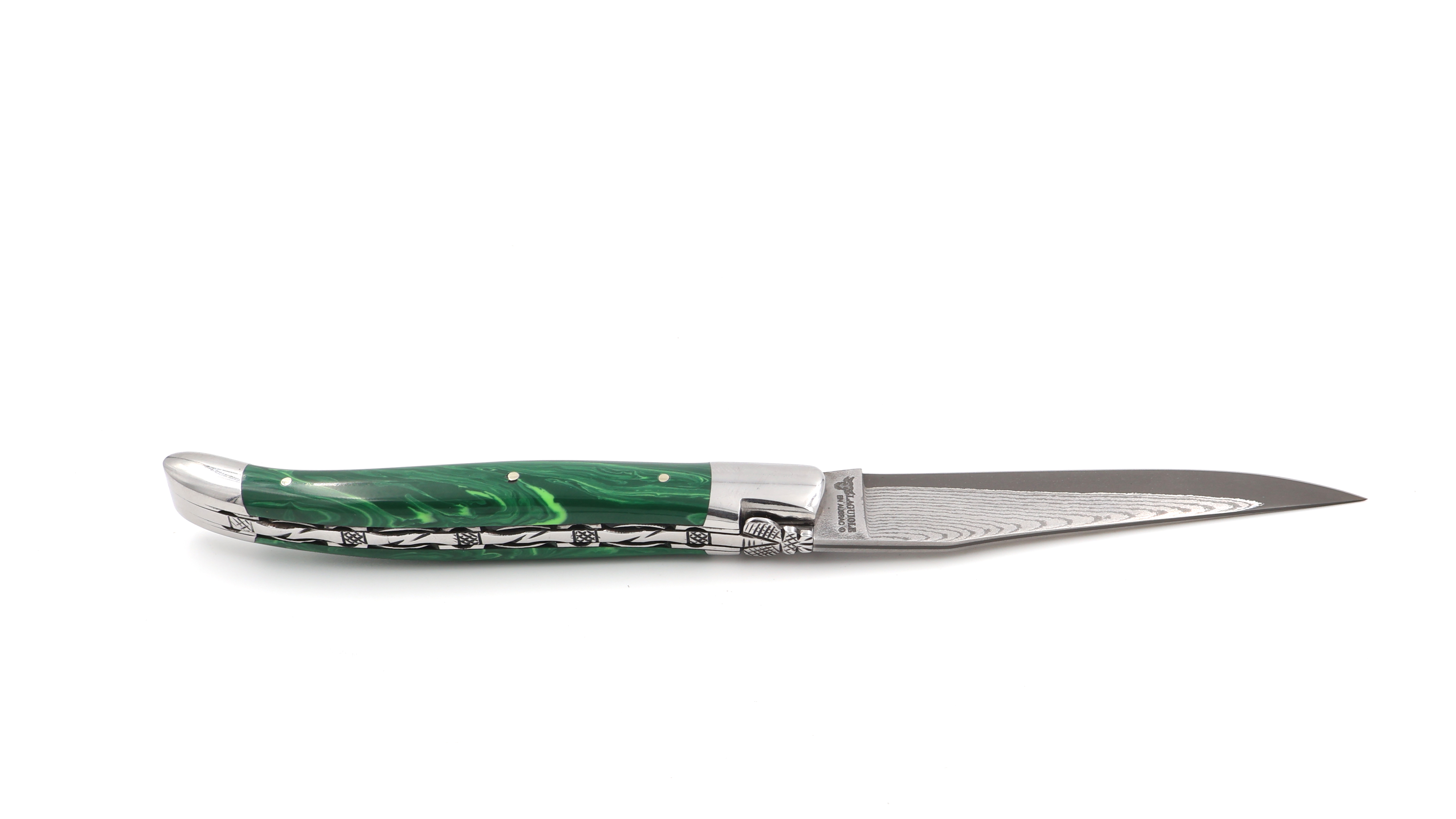 Laguiole en Aubrac knife jap. damascus Malachit with chiseled plates 12 cm Laguiole en Aubrac knife jap. damascus Malachit with chiseled plates 12 cm