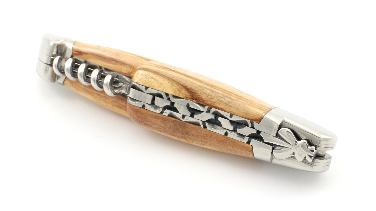 Honoré Durand Laguiole knife Prestige doubleplates with corkscrew Olive wood shiny 14C28 12 cm