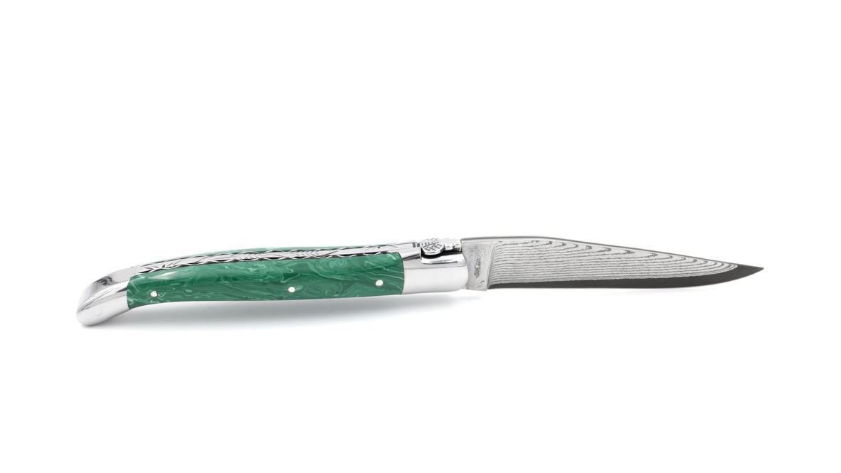 Laguiole en Aubrac jap. Damastklinge Malachit guillochierte Platine 12 cm