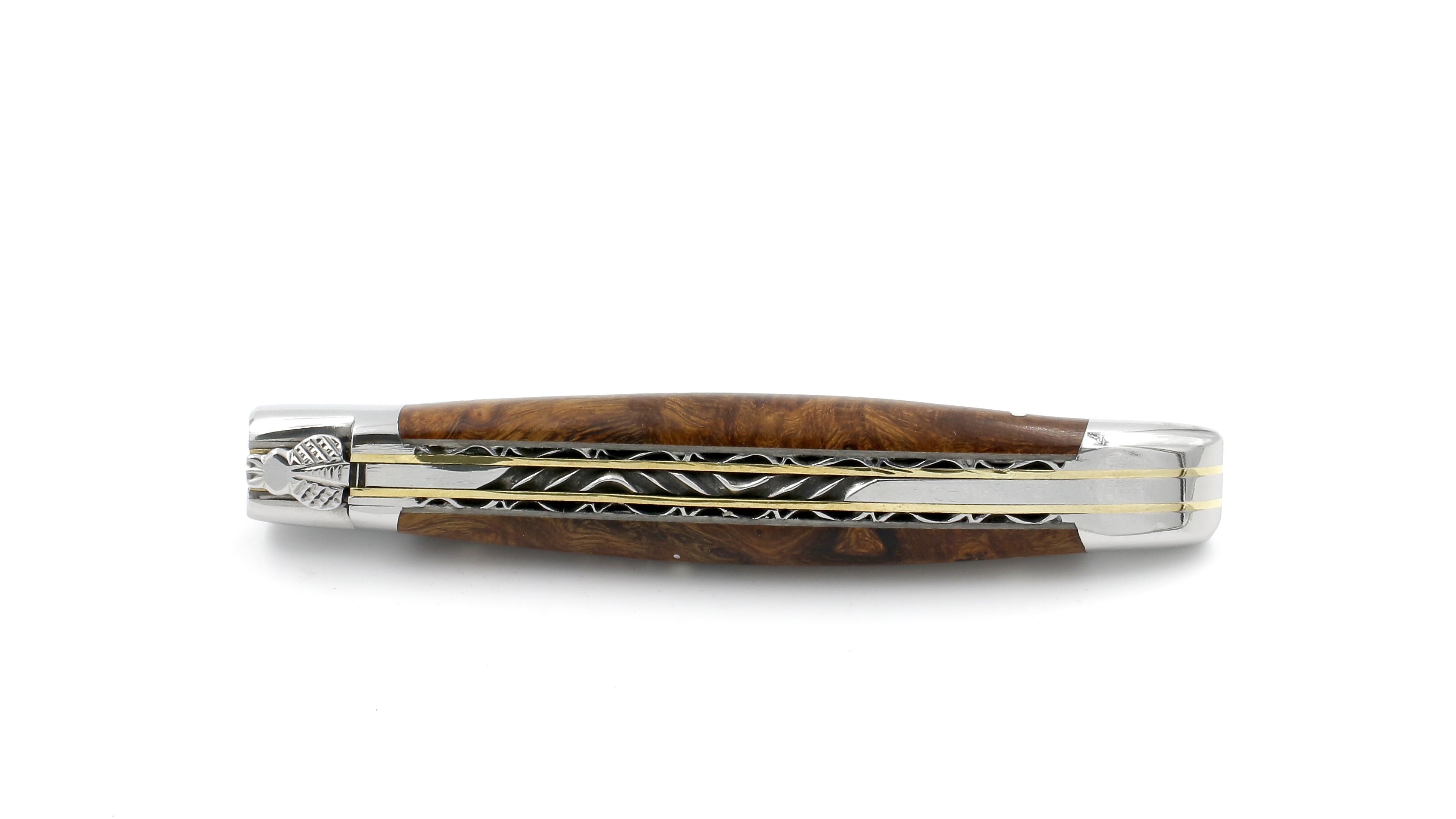 Laguiole en Aubrac double plate knife jap. damascus with brass plates Ironwood shiny 12 cm