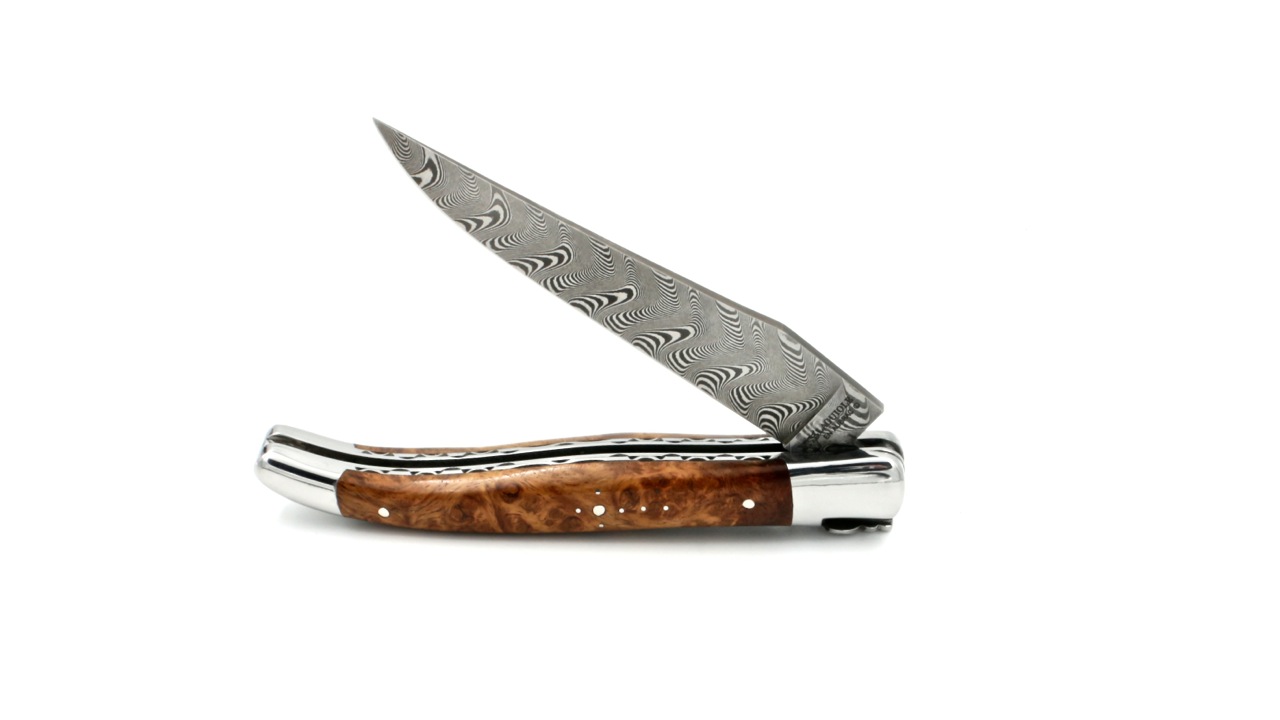 Laguiole en Aubrac damascus amboina burlwood shiny with double plates 12 cm
