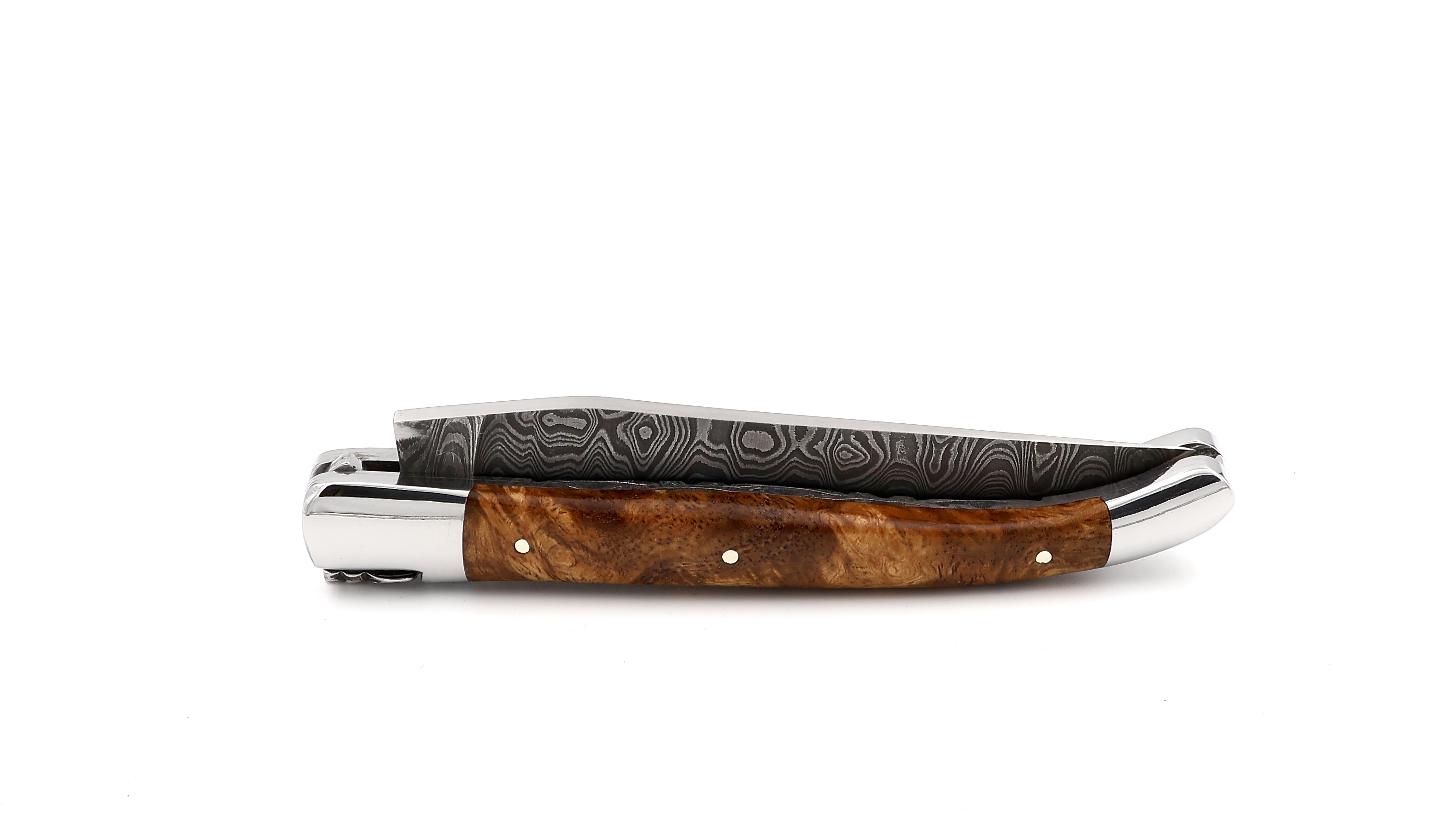 Laguiole en Aubrac Leiterdamast Amboina Wurzelholz poliert Doppelplatine 12 cm