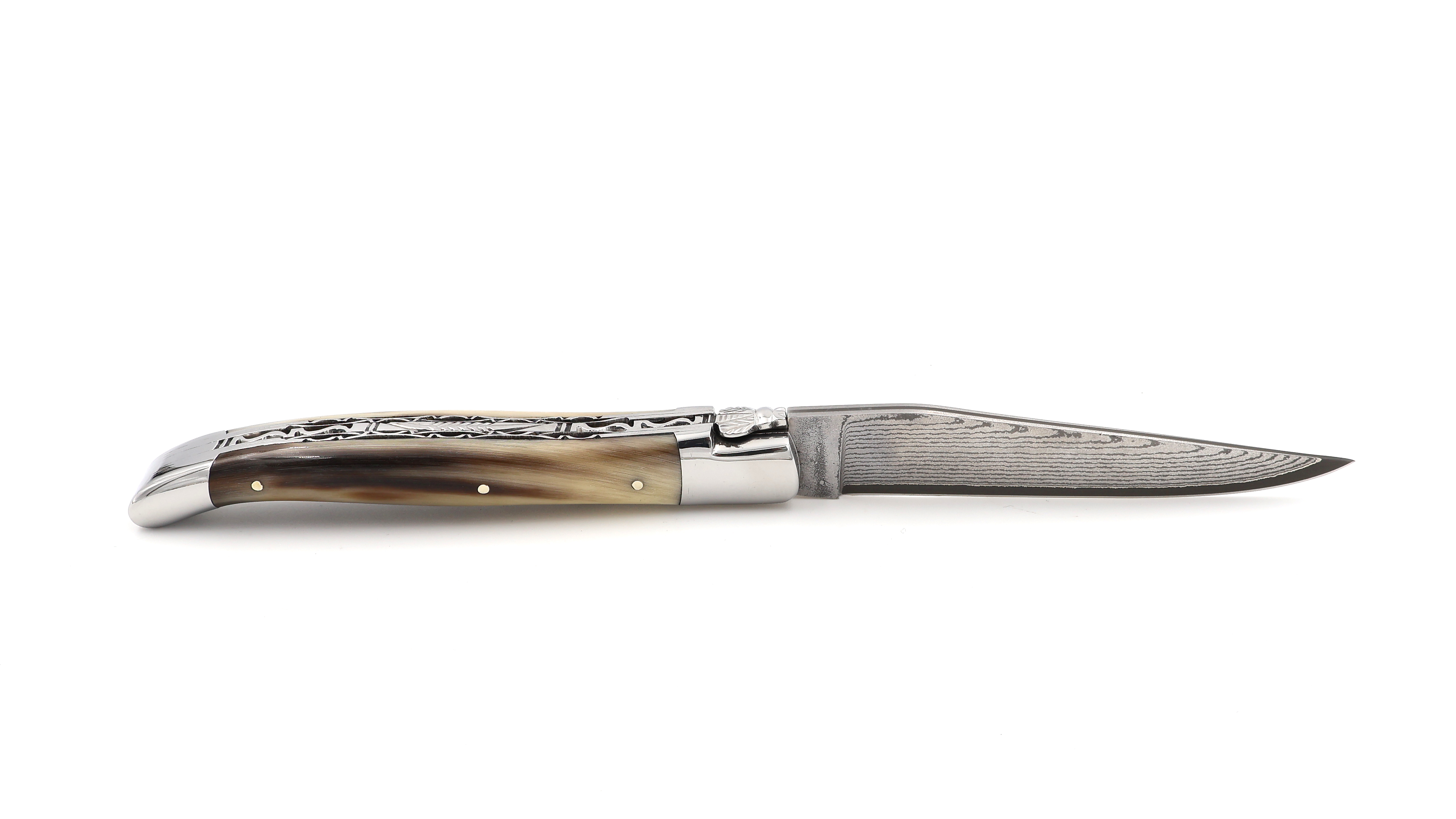 Laguiole en Aubrac jap. Damastklinge geflammte Hornspitze Doppelplatine 12 cm