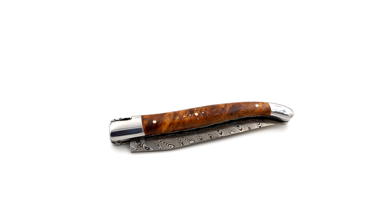 Laguiole en Aubrac damascus amboina burlwood shiny with double plates 12 cm