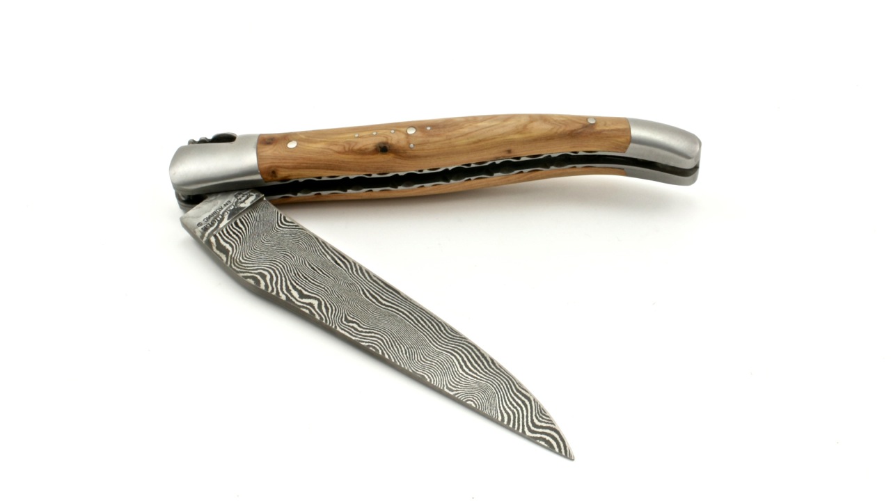 Laguiole en Aubrac  DSC® Carbon Damast Wacholder matt guillochierte Platine 12 cm