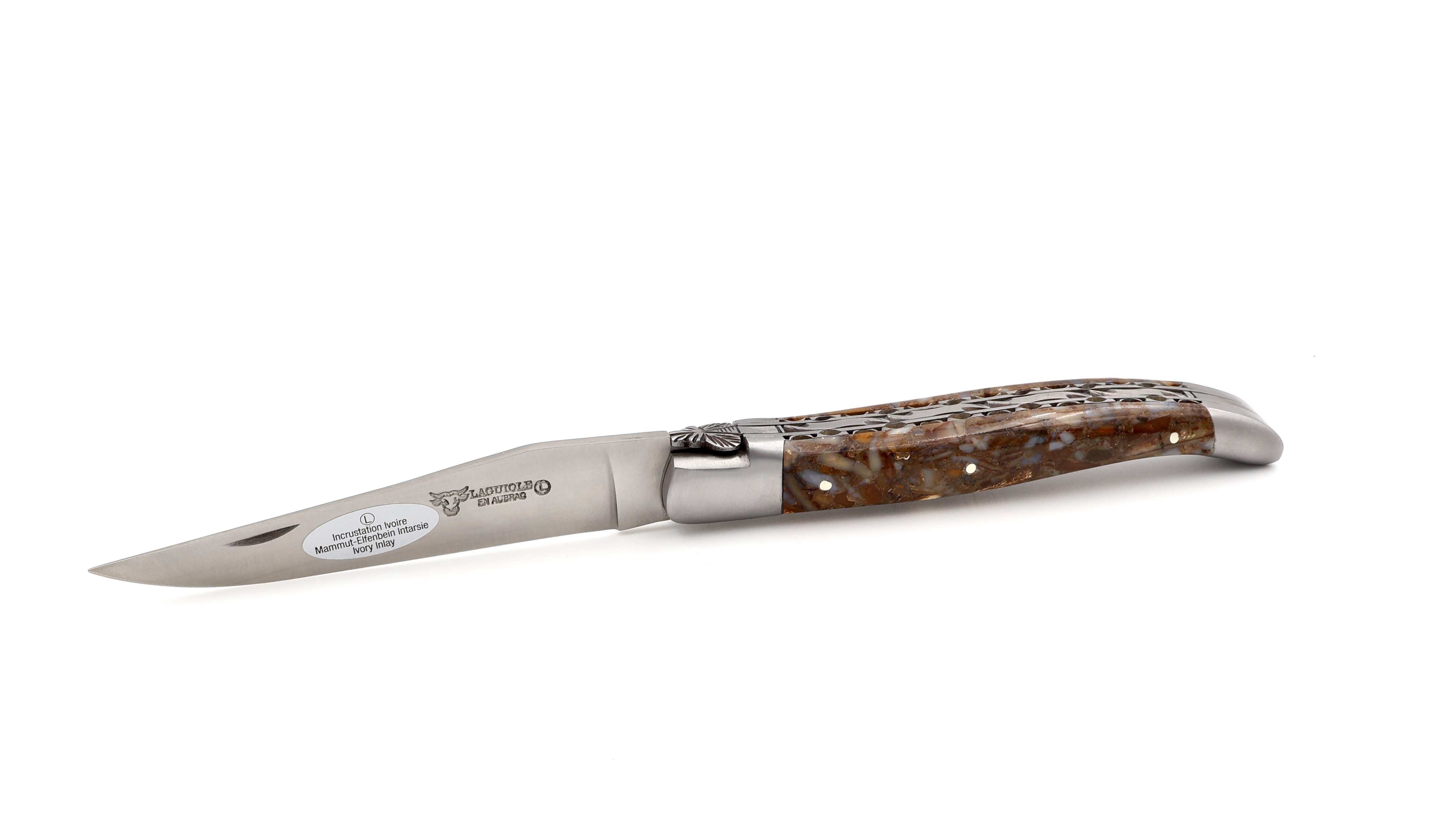 Laguiole en Aubrac Laguiole knife pieces of mammothivory doubelplates 12 cm