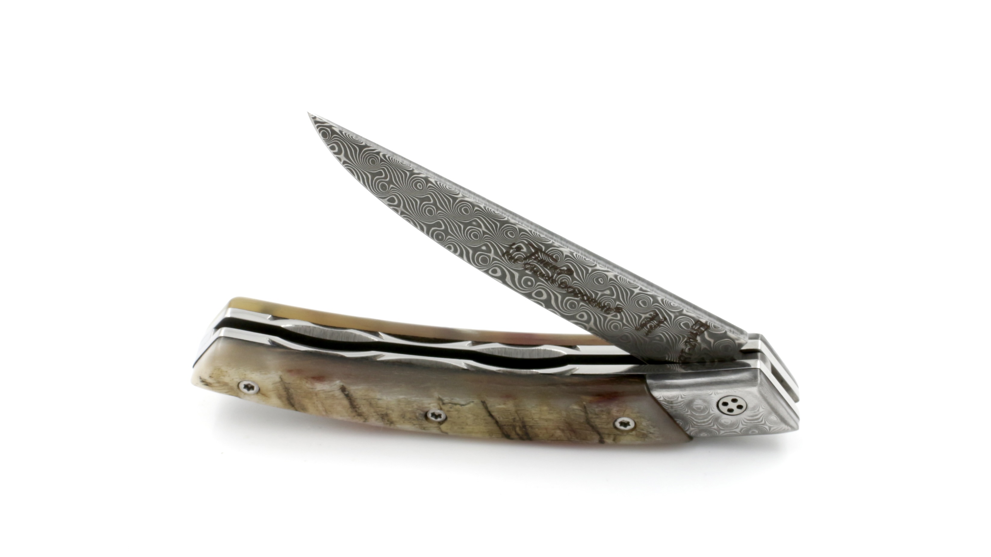 Claude DOZORME Thiers RLT ram horn damascus blade and bolsters